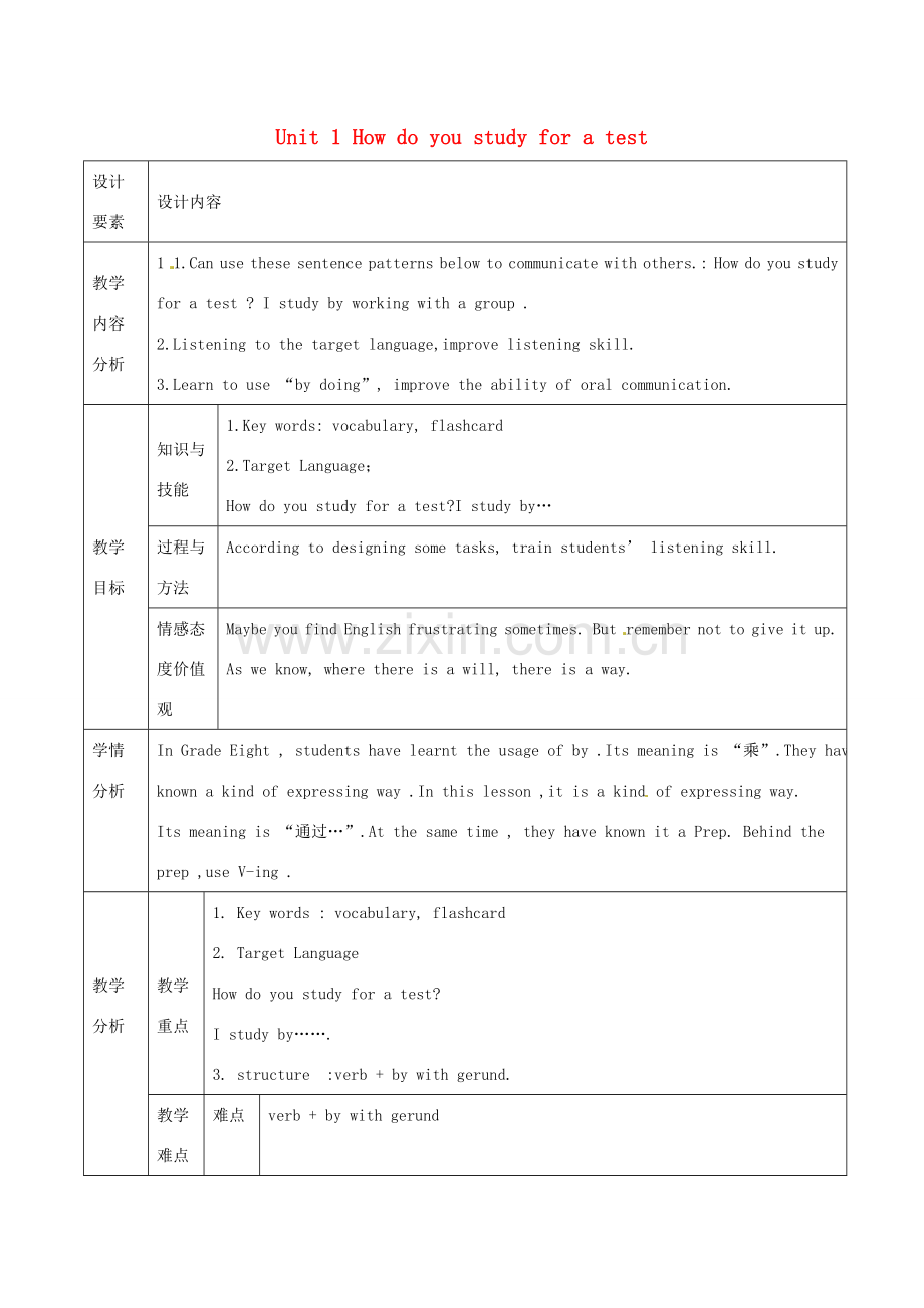 新疆生产建设兵团第五师八十六团第一中学九年级英语全册 Unit 1 How do you study for a test第一课时教学设计 人教新目标版.doc_第1页