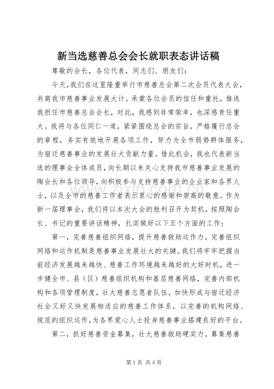 新当选慈善总会会长就职表态的的讲话稿.docx_第1页