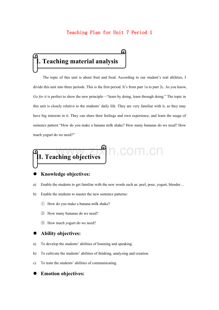 八年级英语上册 unit 7 Teaching Plan for period 1教案 人教新课标版.doc_第1页