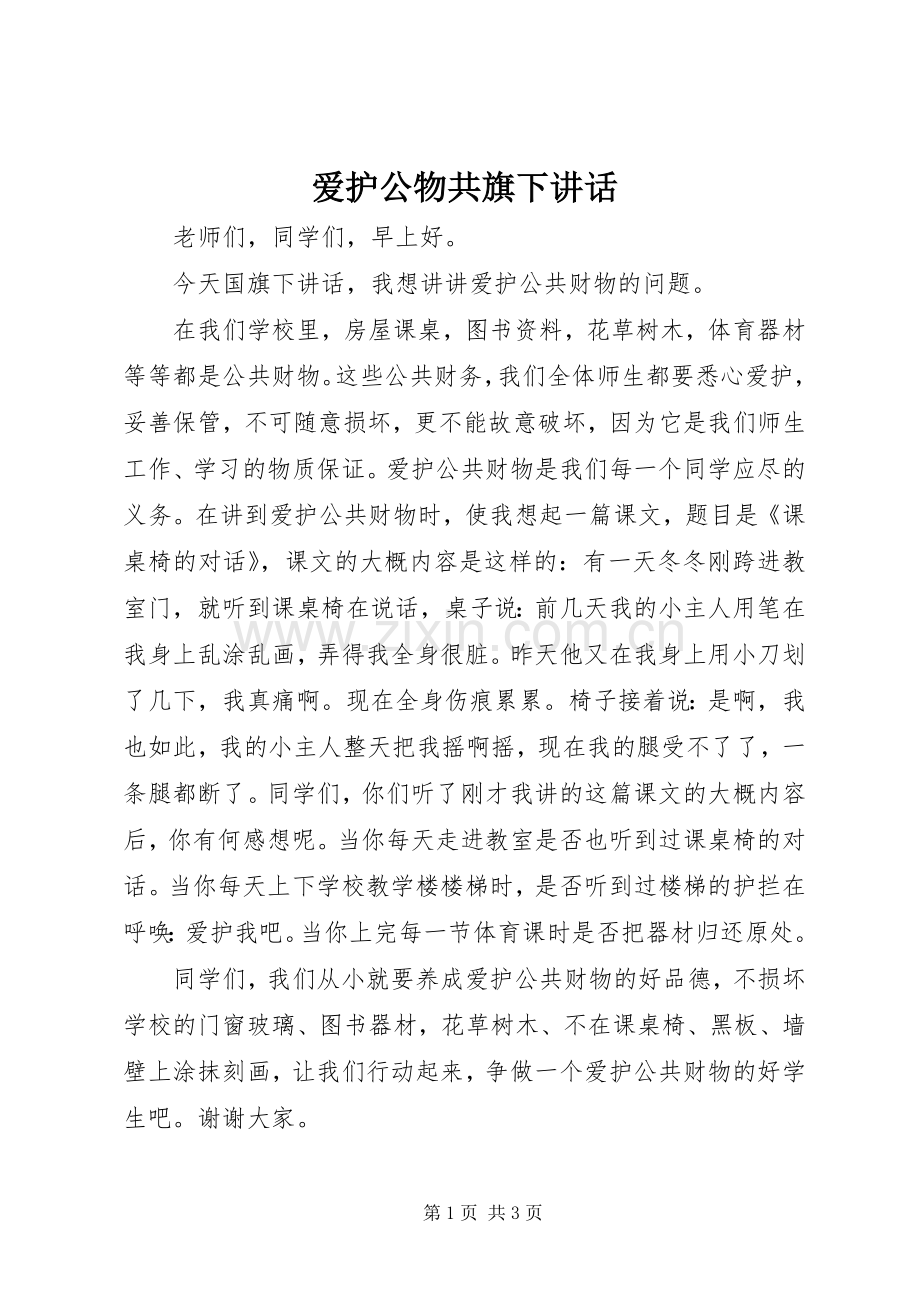 爱护公物共旗下讲话发言.docx_第1页