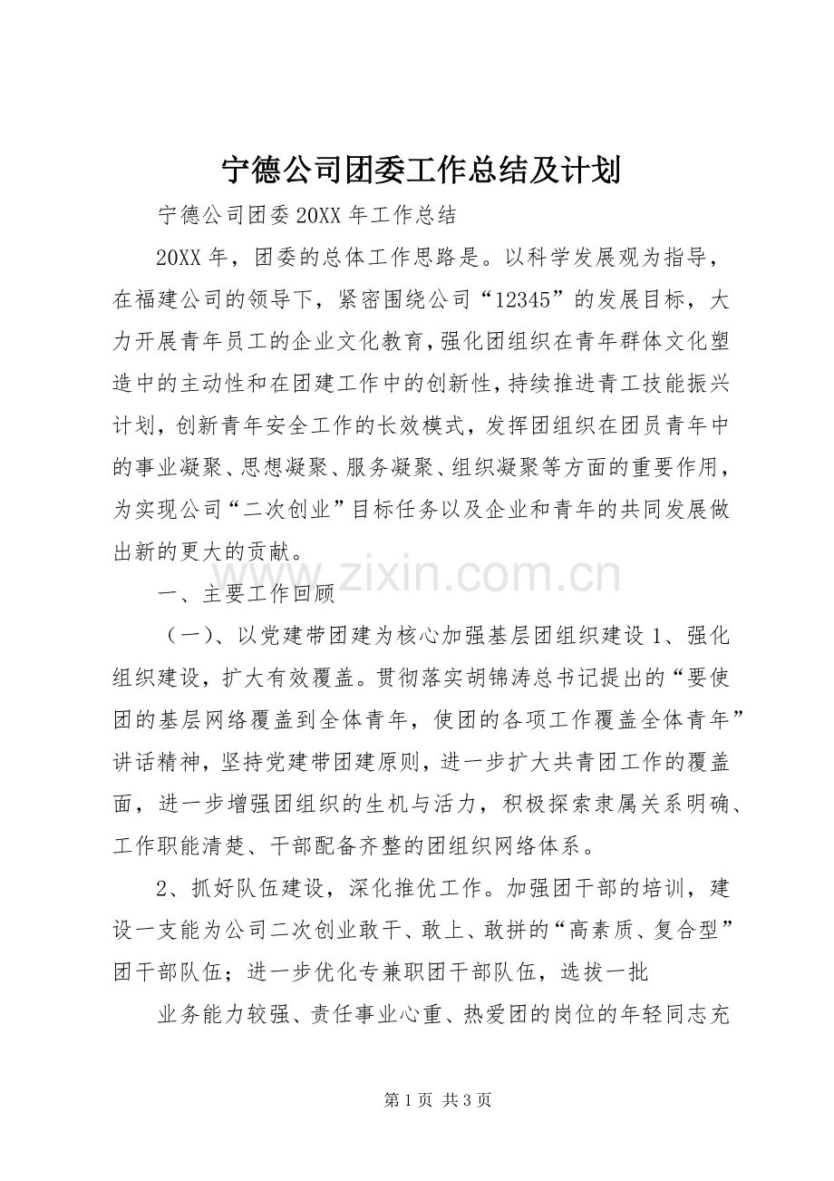 宁德公司团委工作总结及计划.docx_第1页