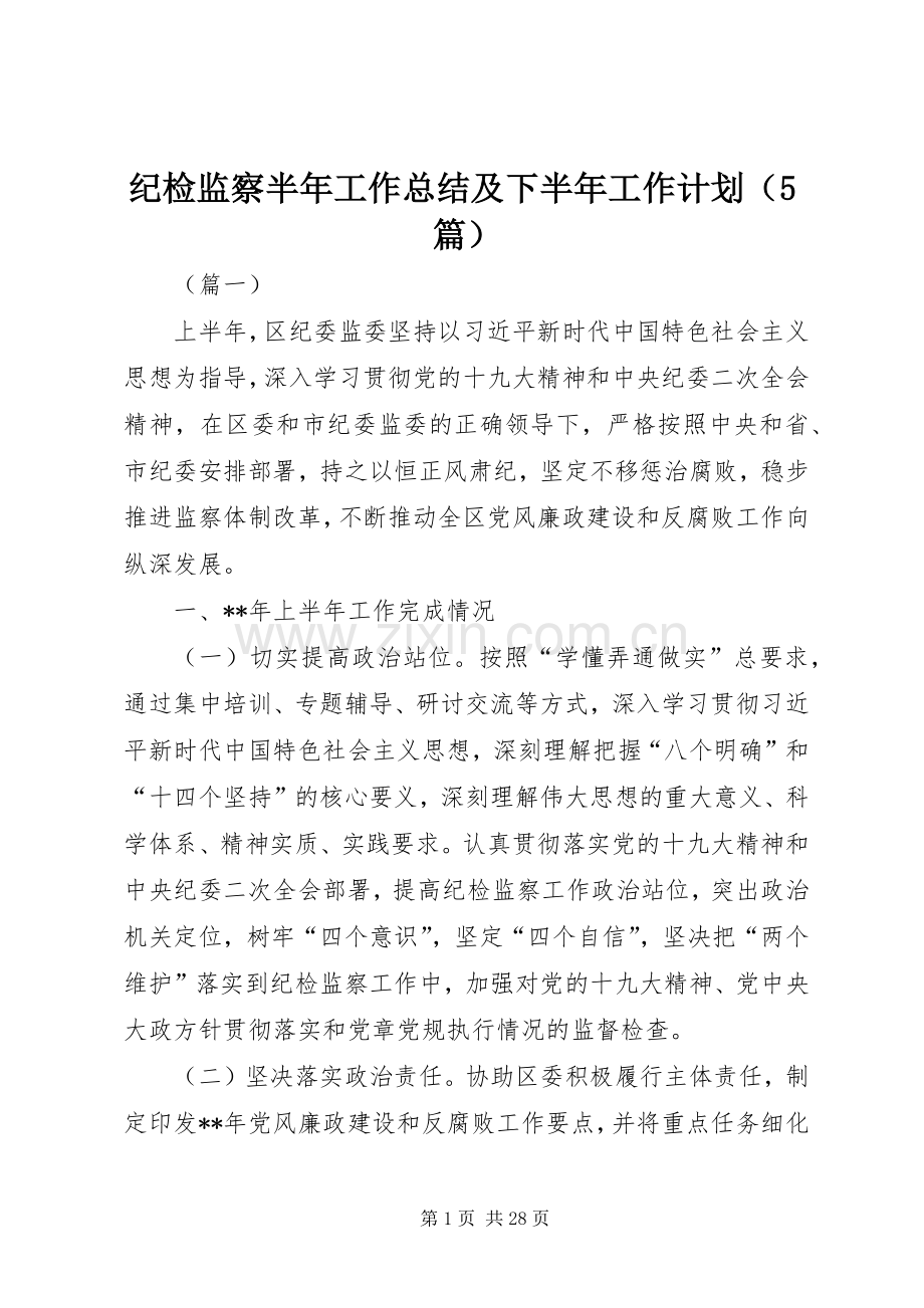 纪检监察半年工作总结及下半年工作计划（5篇）.docx_第1页