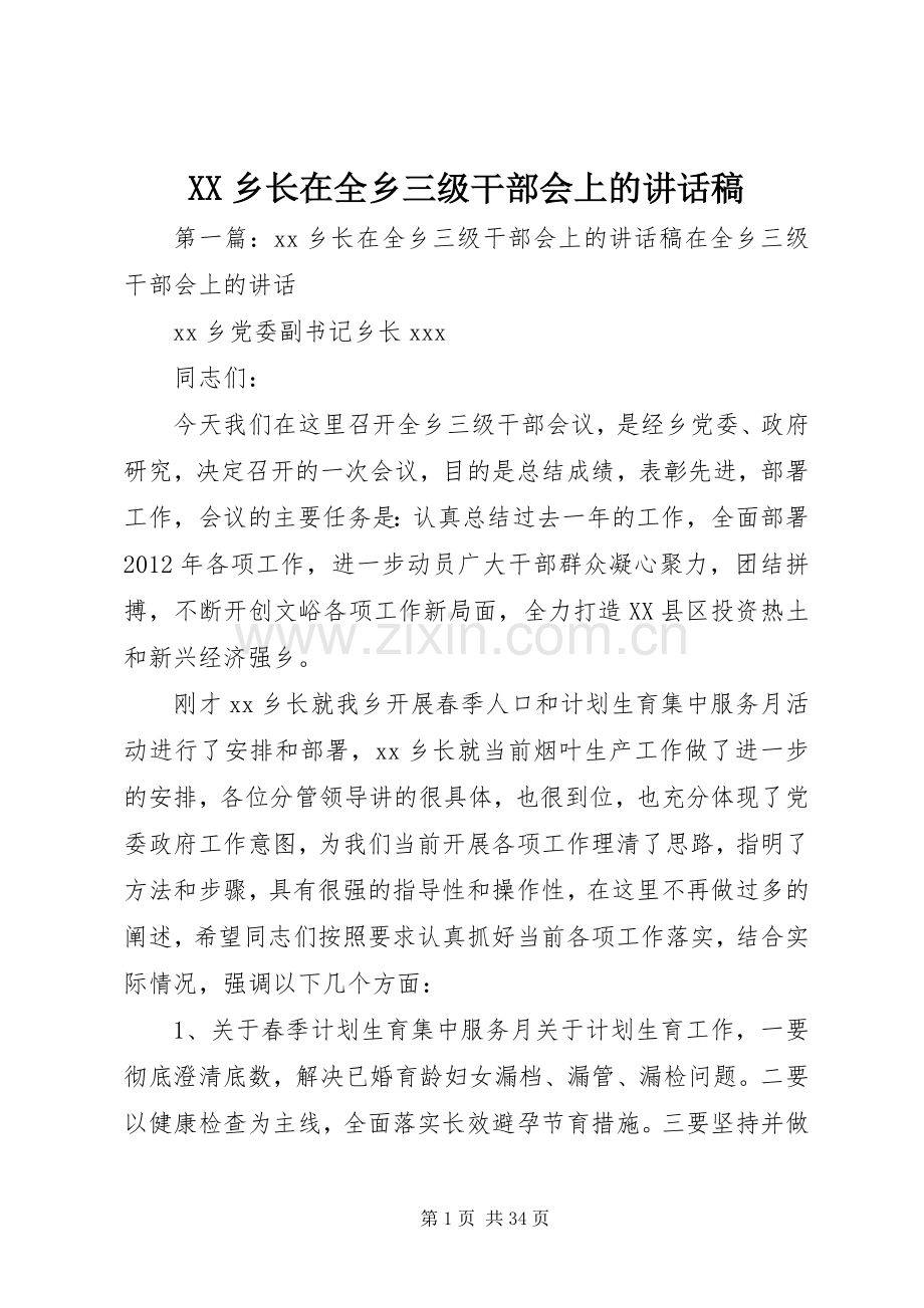 XX乡长在全乡三级干部会上的讲话发言稿.docx_第1页