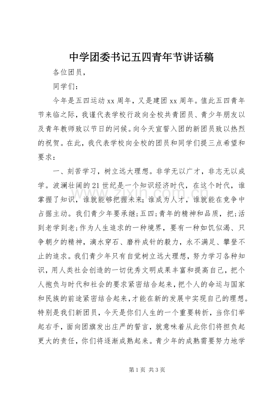 中学团委书记五四青年节讲话发言稿.docx_第1页