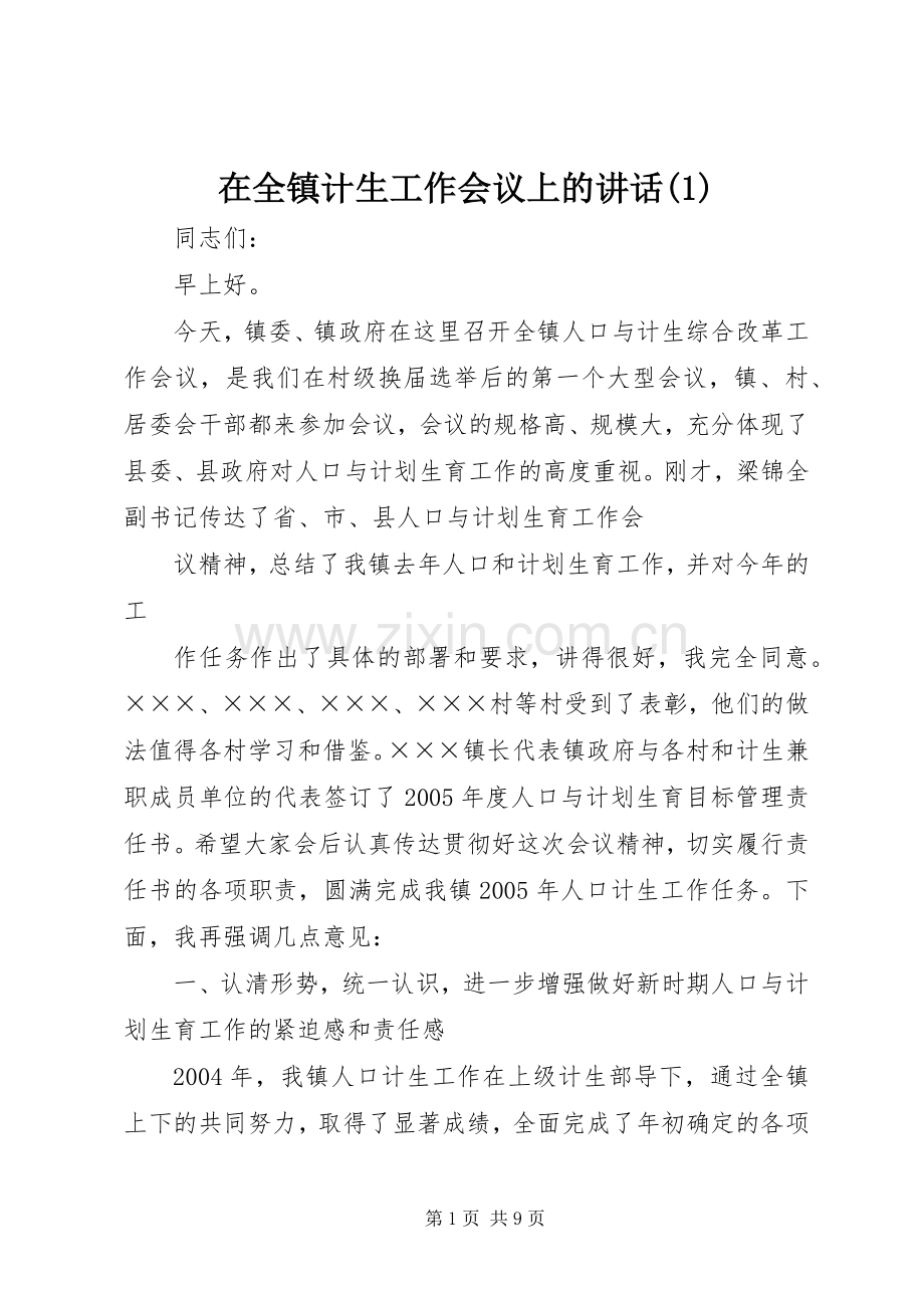 在全镇计生工作会议上的讲话发言(1).docx_第1页