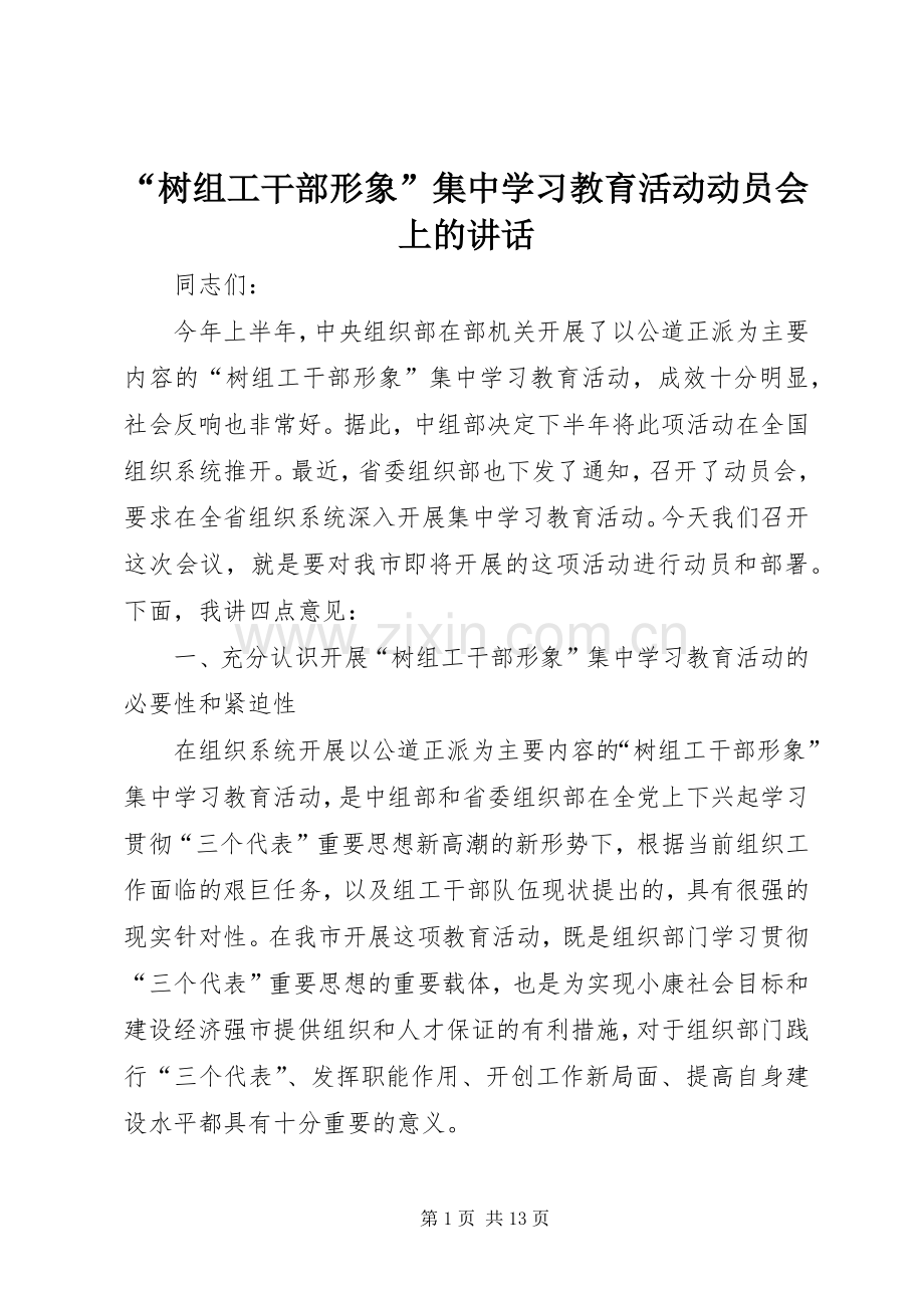 “树组工干部形象”集中学习教育活动动员会上的讲话发言.docx_第1页