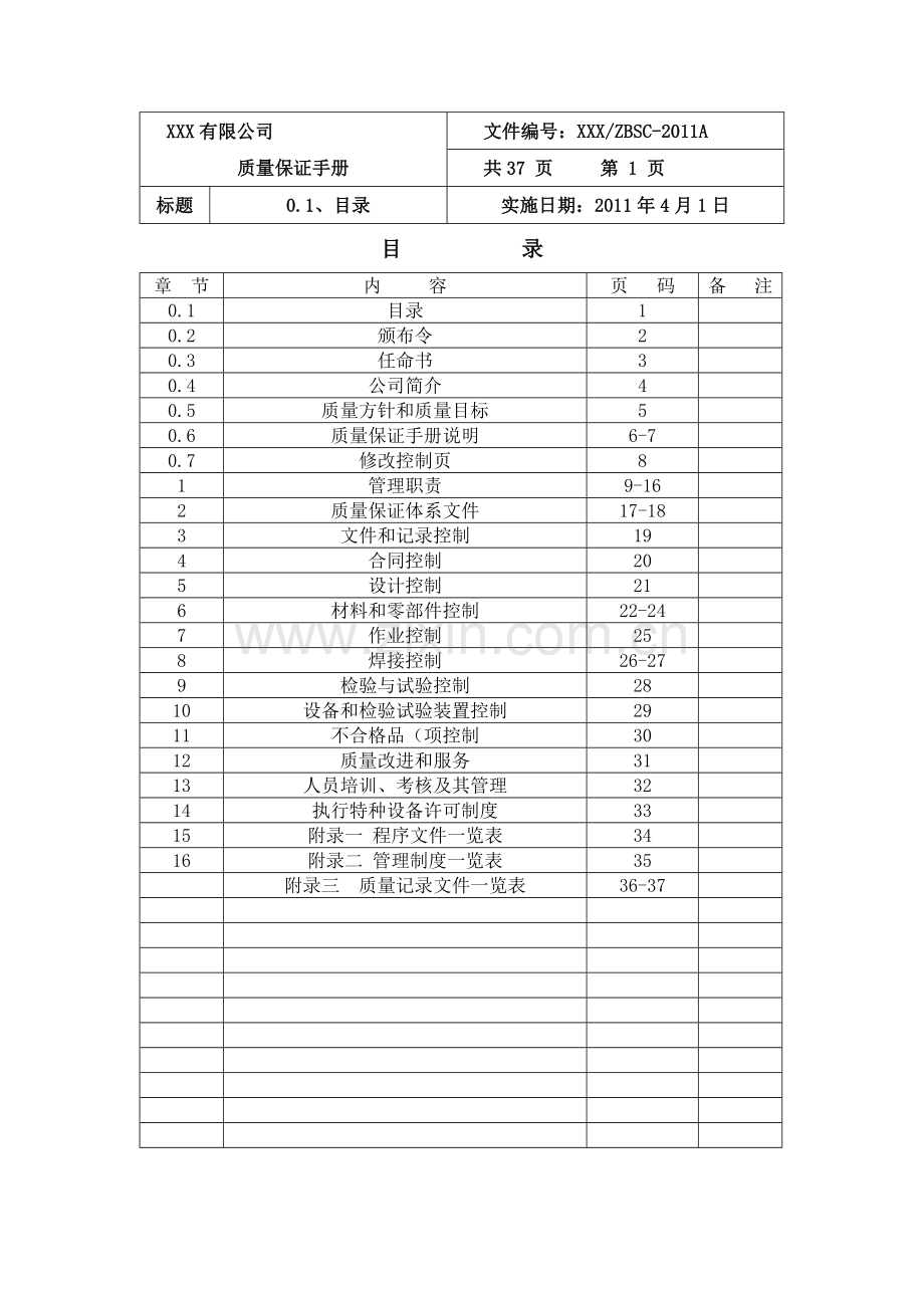 XXXX版质量保证手册.docx_第1页