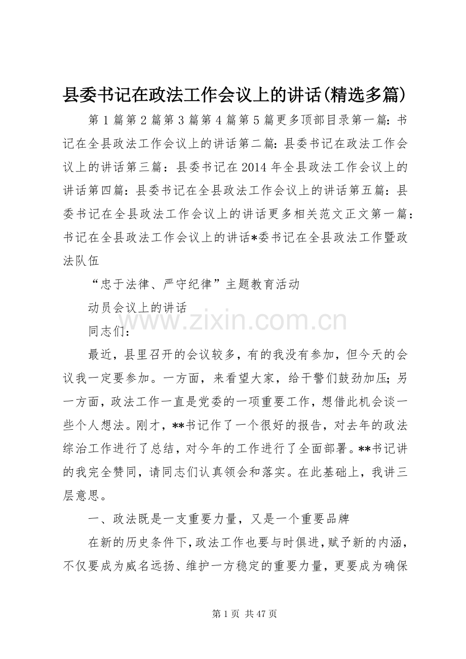 县委书记在政法工作会议上的讲话发言(多篇)_1.docx_第1页