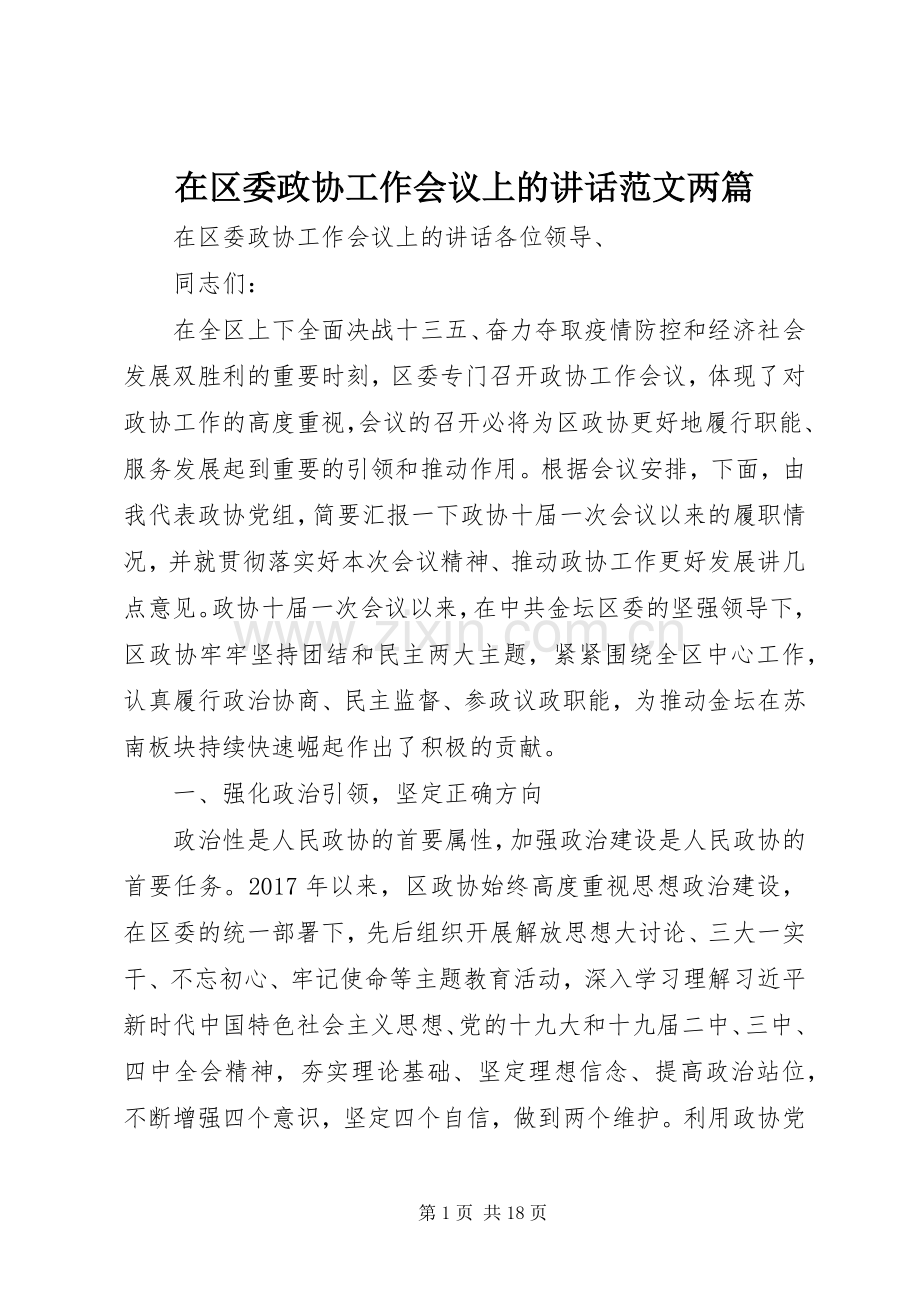 在区委政协工作会议上的讲话发言范文两篇.docx_第1页