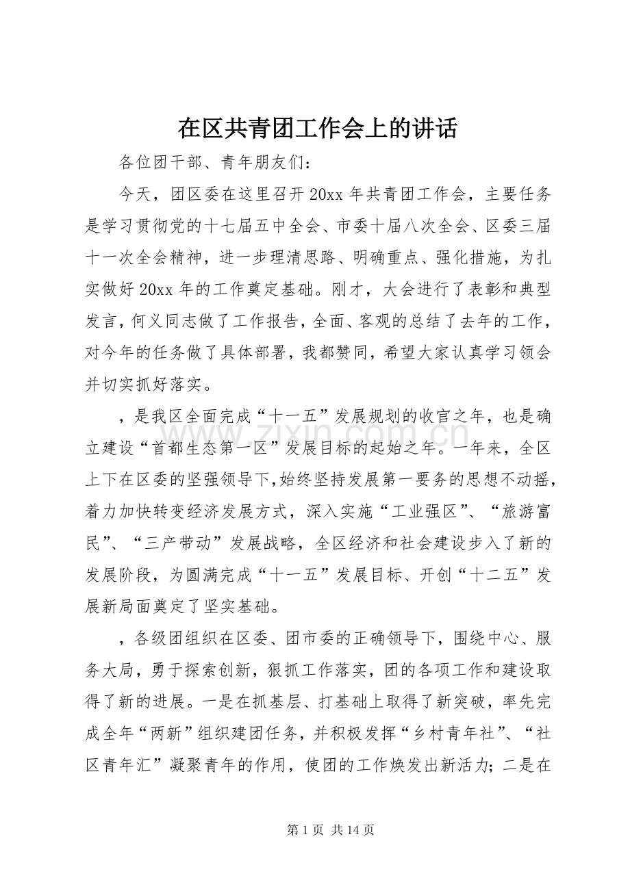 在区共青团工作会上的讲话发言.docx_第1页