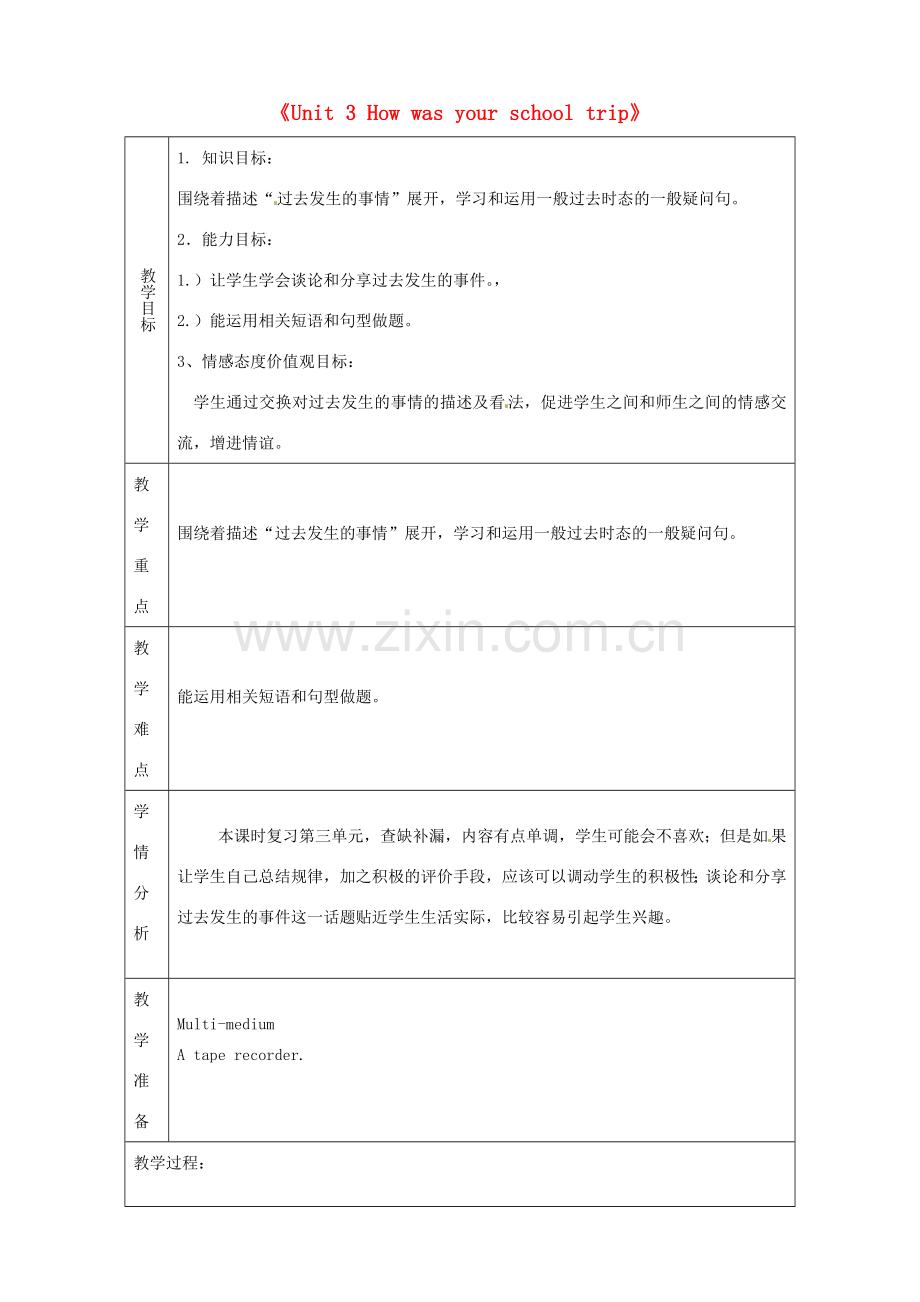 山东省淄博市临淄区第八中学七年级英语上册《Unit 3 How was your school trip》复习教案 鲁教版五四制.doc_第1页