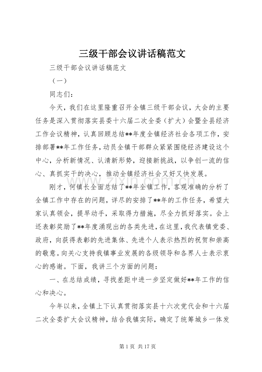 三级干部会议讲话发言稿范文.docx_第1页