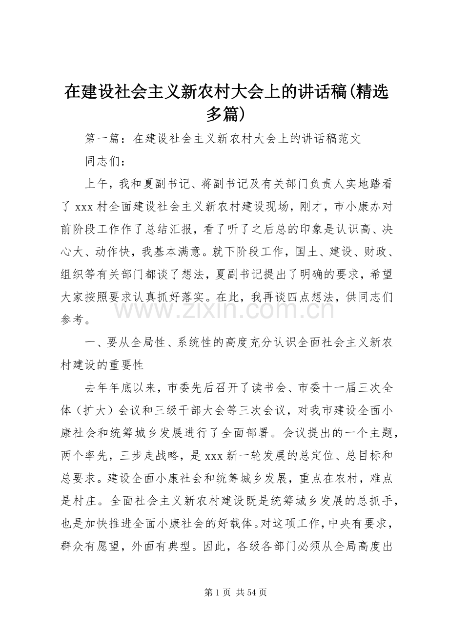 在建设社会主义新农村大会上的讲话发言稿(多篇).docx_第1页