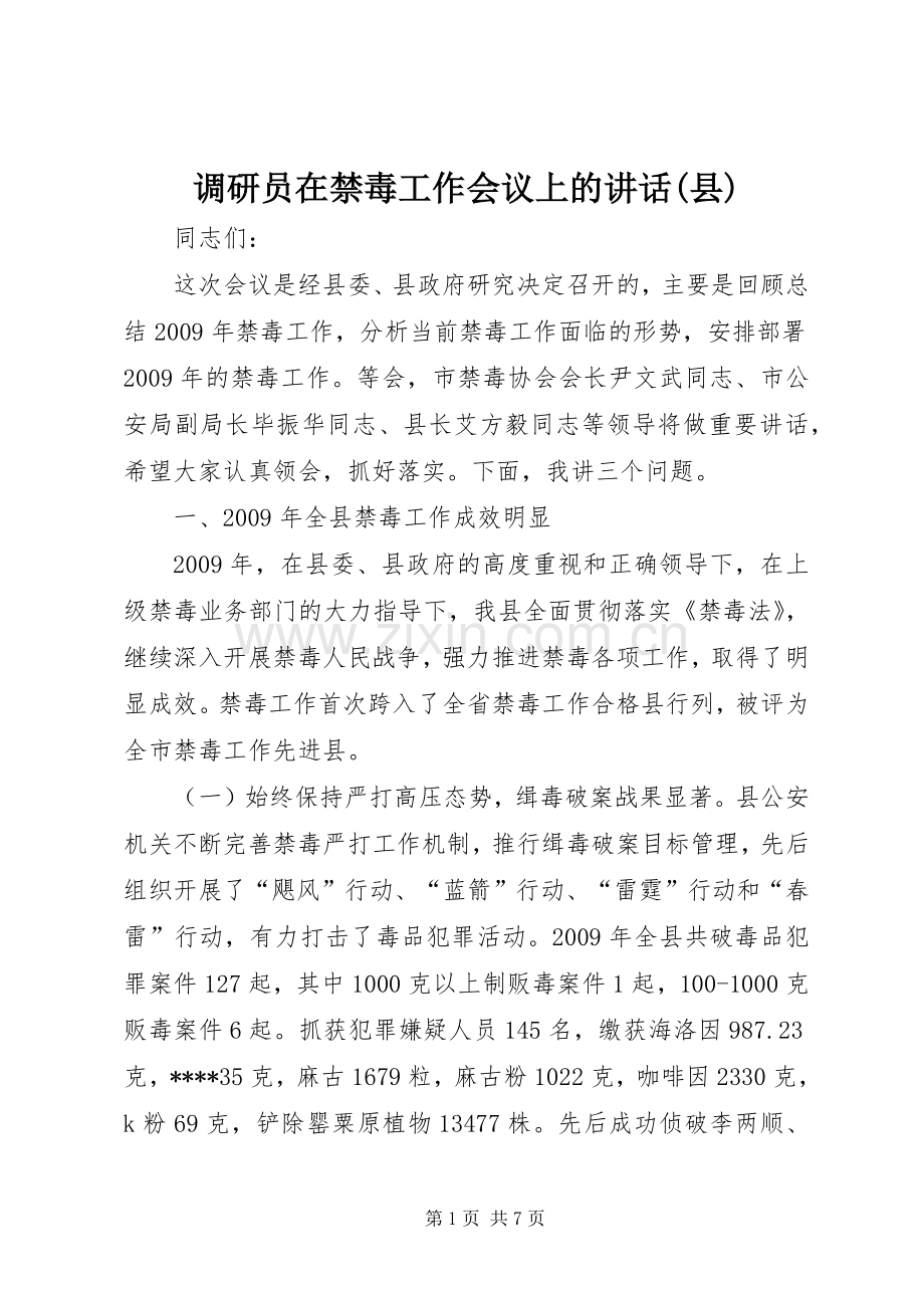 调研员在禁毒工作会议上的讲话发言(县).docx_第1页