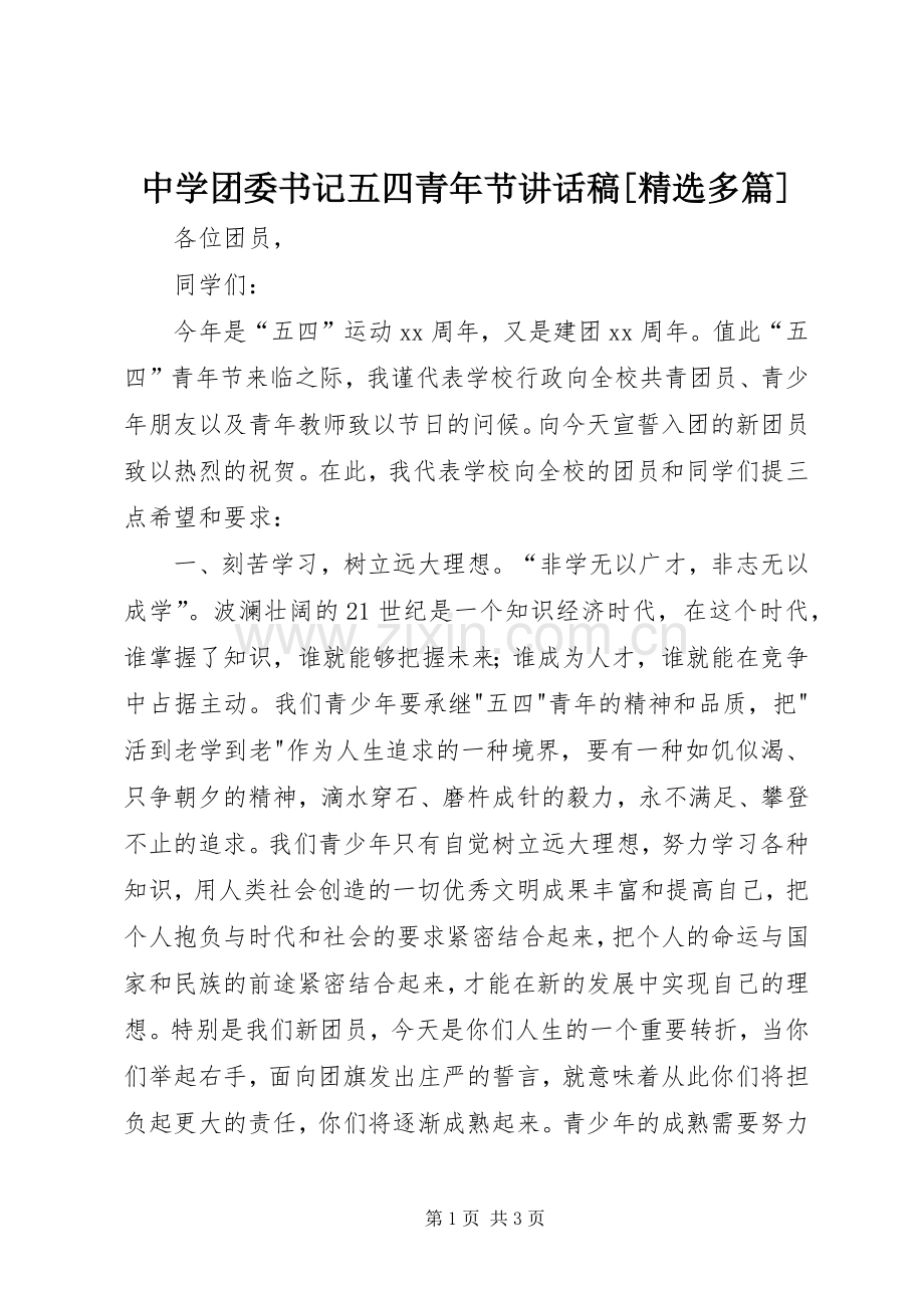 中学团委书记五四青年节讲话发言稿[多篇].docx_第1页