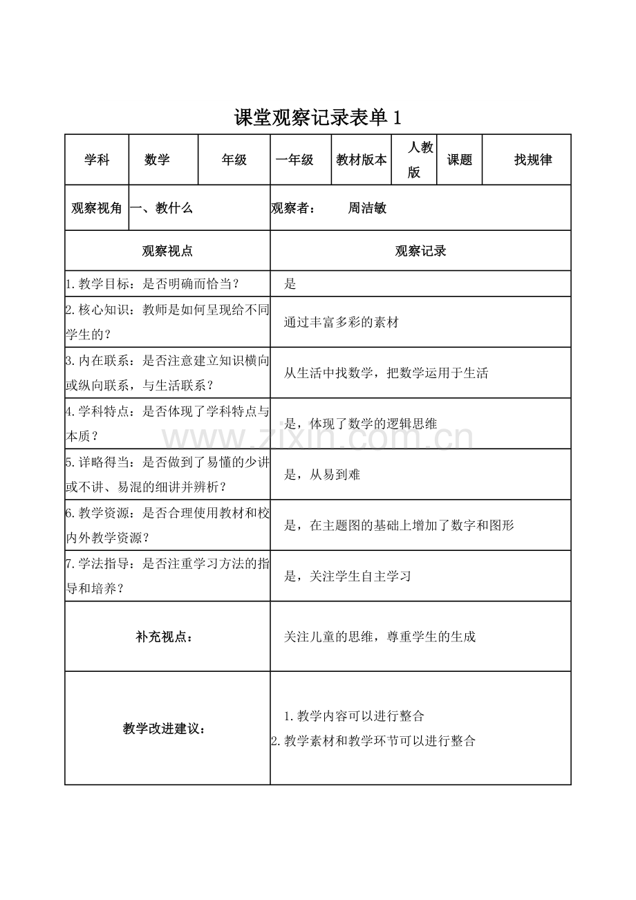 【周洁敏】课堂观察记录表单.doc_第1页