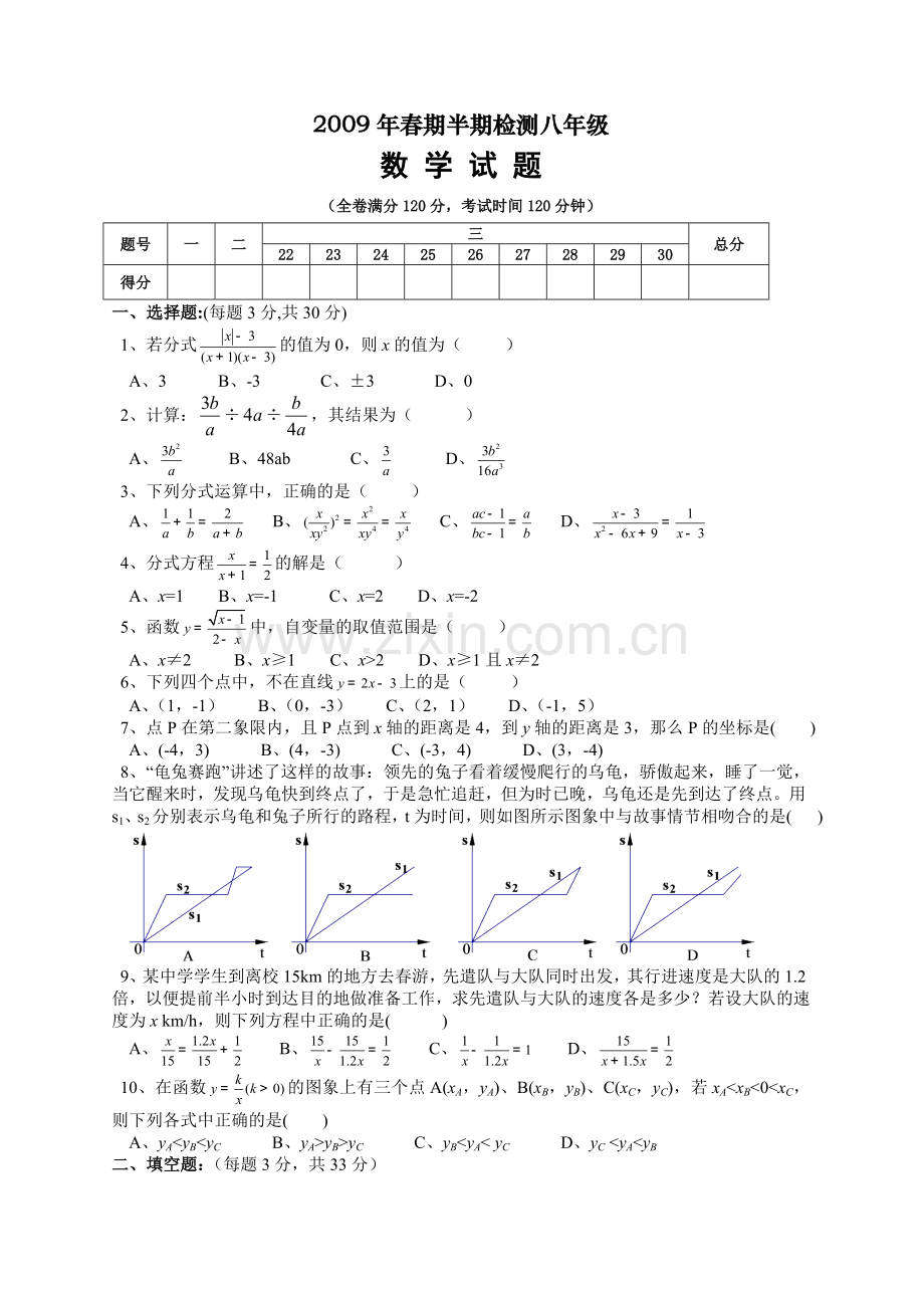 白花片2009年春期八年级数学半期测试卷.doc_第1页