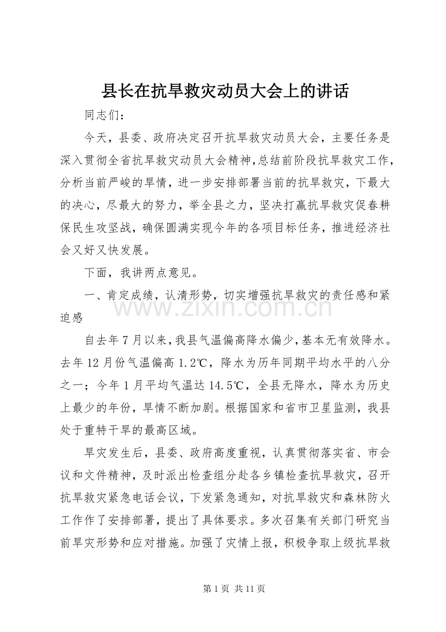 县长在抗旱救灾动员大会上的讲话发言.docx_第1页