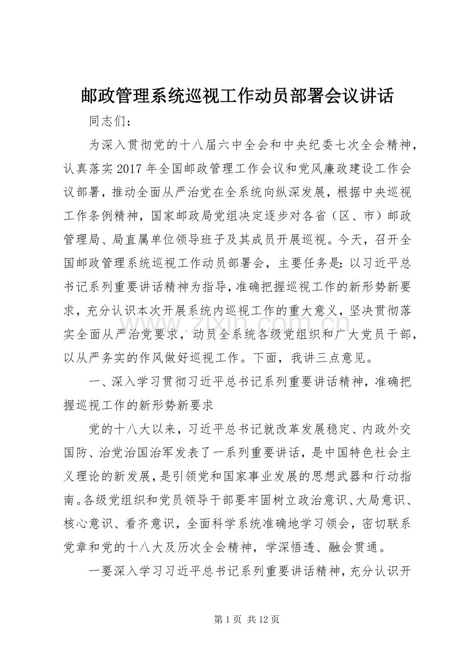 邮政管理系统巡视工作动员部署会议讲话发言.docx_第1页