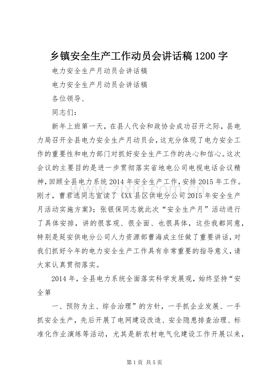 乡镇安全生产工作动员会讲话发言稿字.docx_第1页