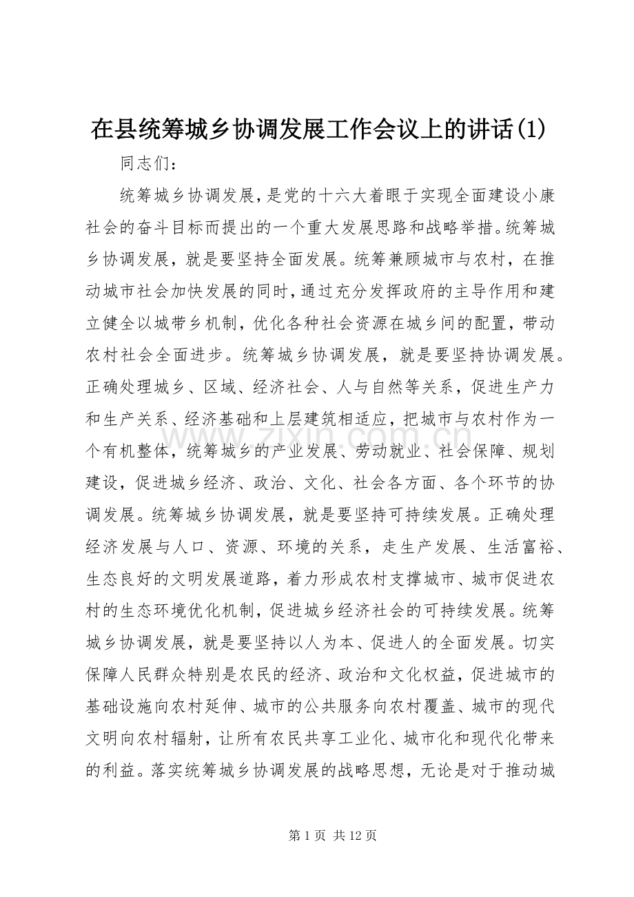 在县统筹城乡协调发展工作会议上的讲话发言(1).docx_第1页