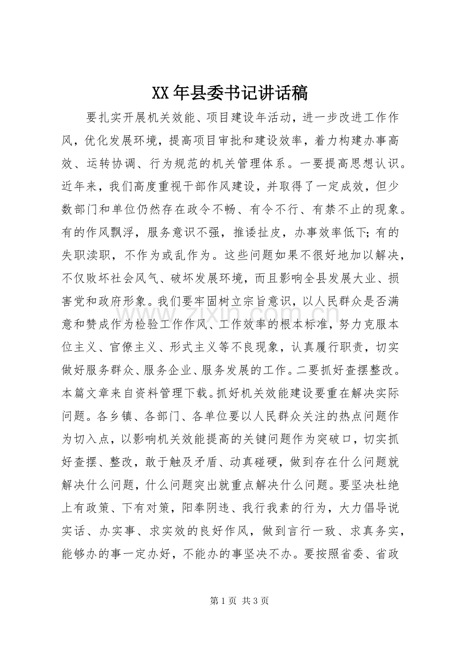 XX年县委书记讲话发言稿.docx_第1页