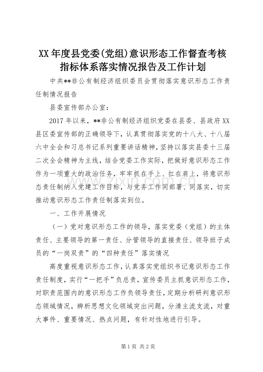 XX年度县党委(党组)意识形态工作督查考核指标体系落实情况报告及工作计划_1(2).docx_第1页