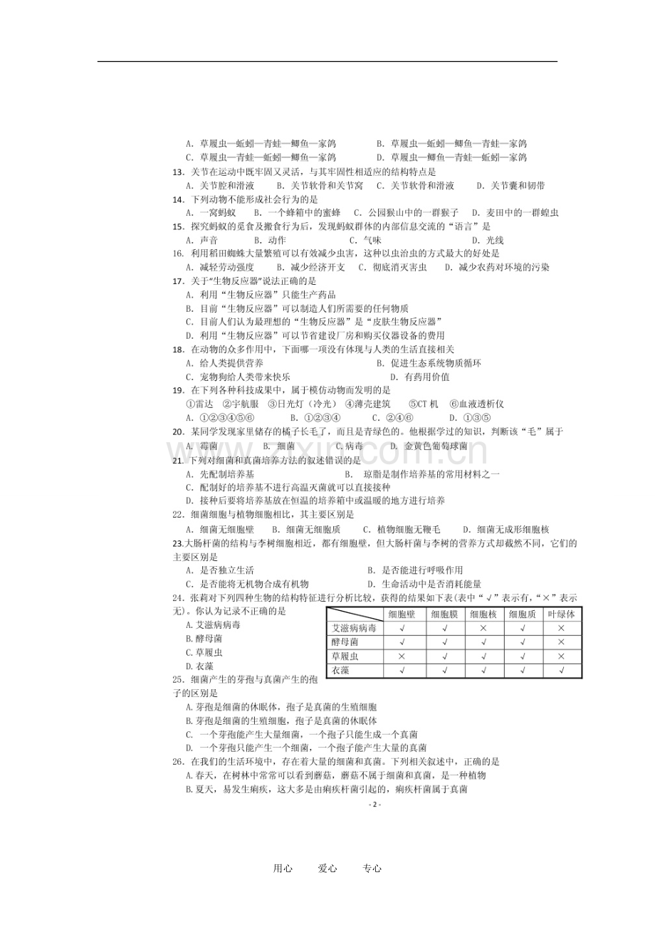 湖南省怀化市2012-2013学年八年级生物上学期期中考试试题(扫描版-无答案)-新人教版.doc_第2页