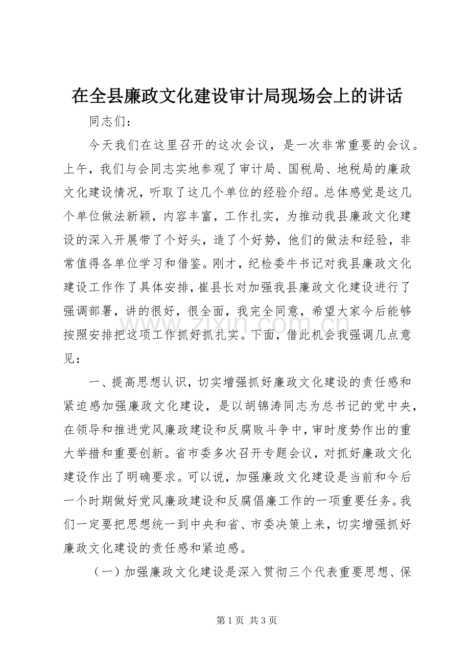 在全县廉政文化建设审计局现场会上的讲话发言.docx_第1页