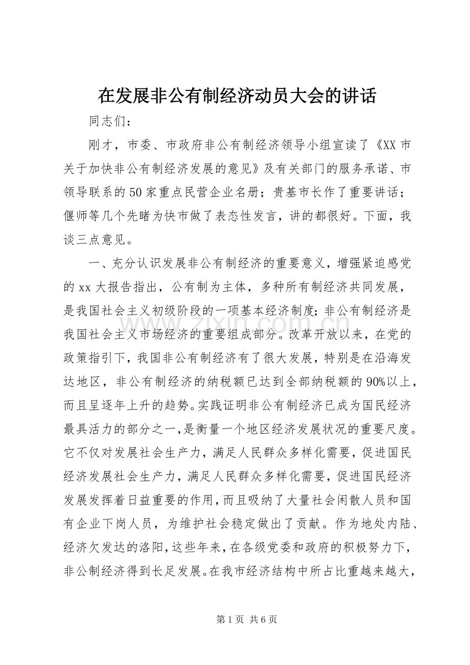 在发展非公有制经济动员大会的讲话发言_1.docx_第1页