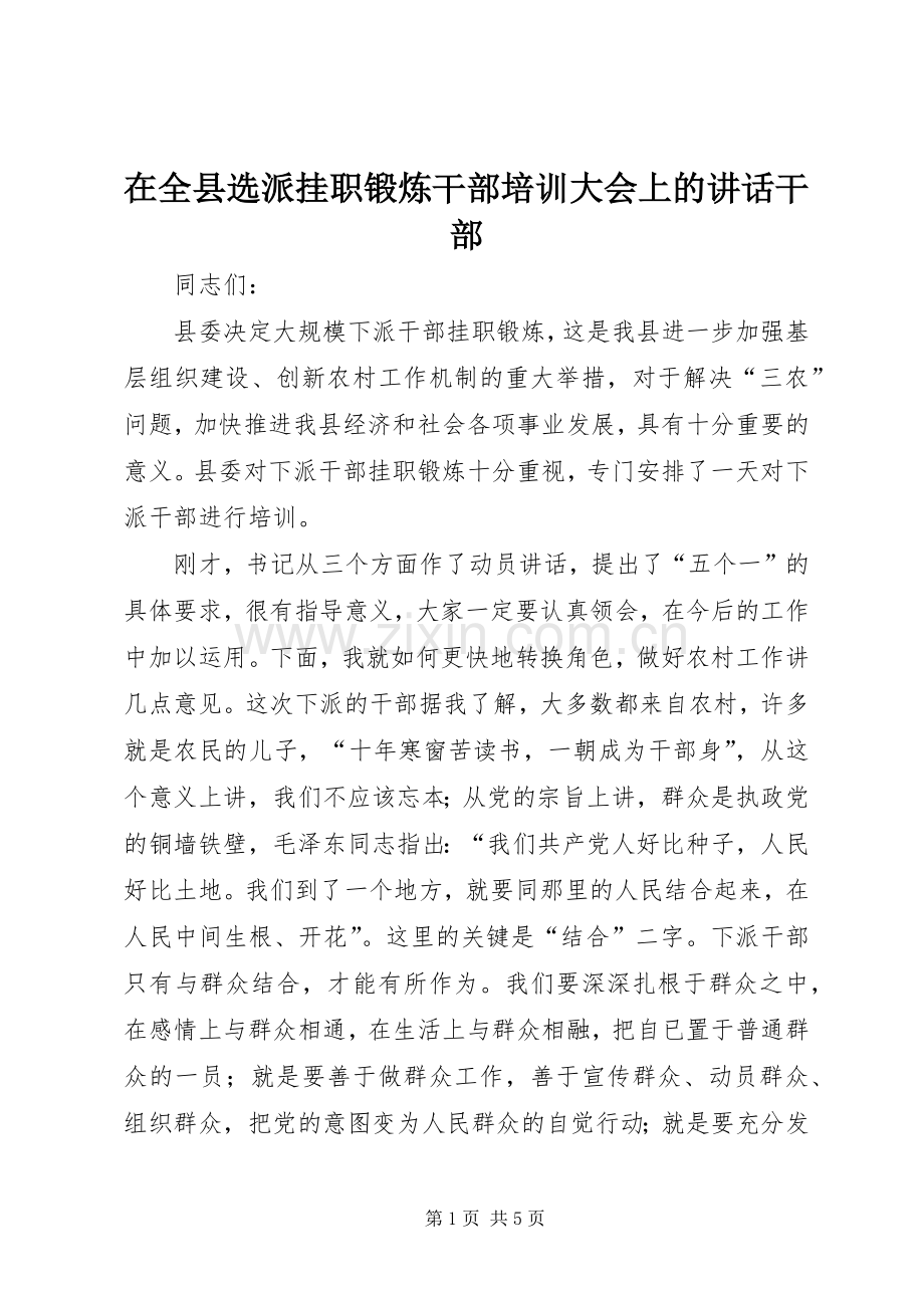 在全县选派挂职锻炼干部培训大会上的讲话发言干部.docx_第1页