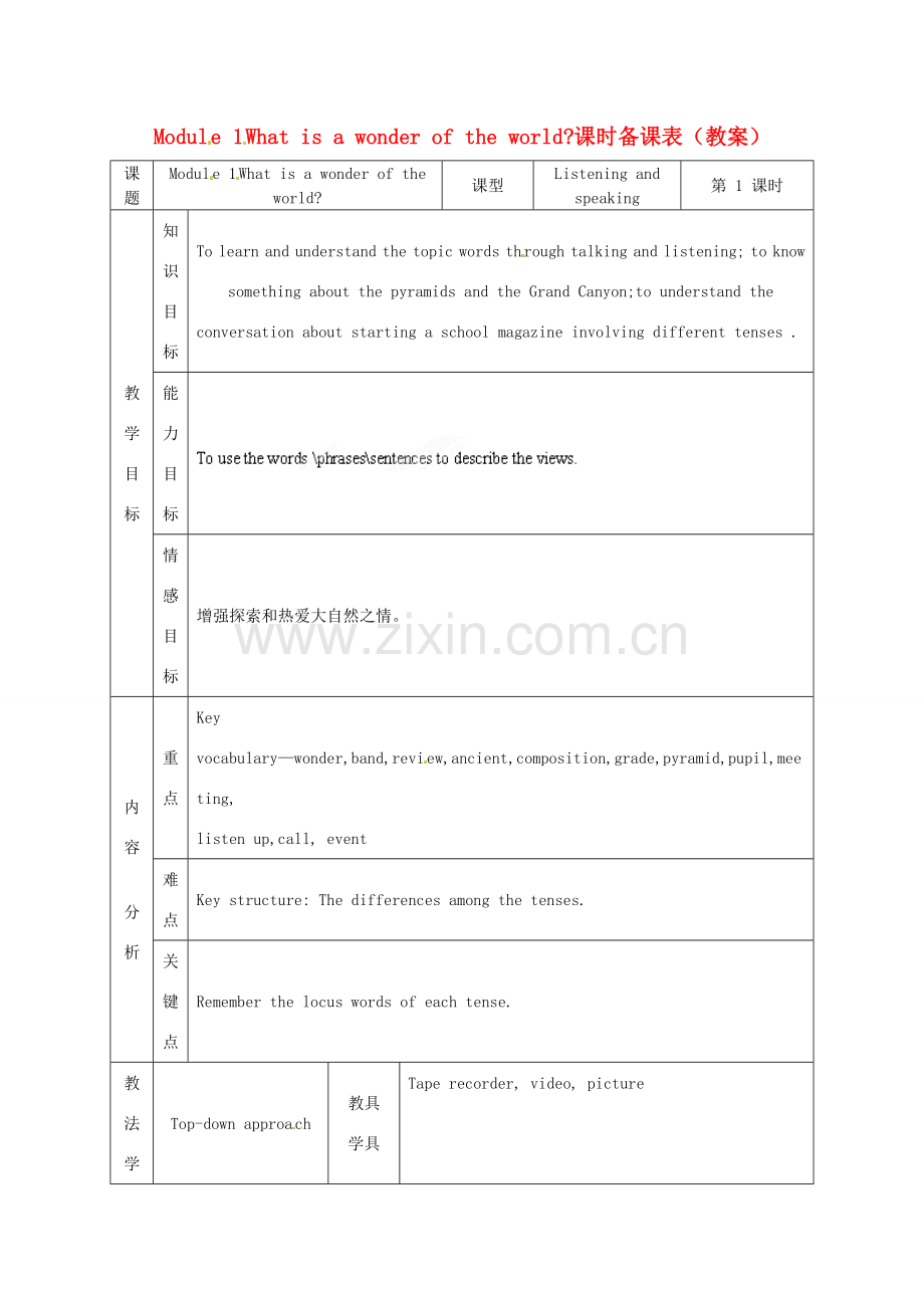 天津市武清区杨村第五中学九年级英语上册《Module 1 Wonders of the world Unit 1 What is a wonder of the world》教案 外研版.doc_第1页