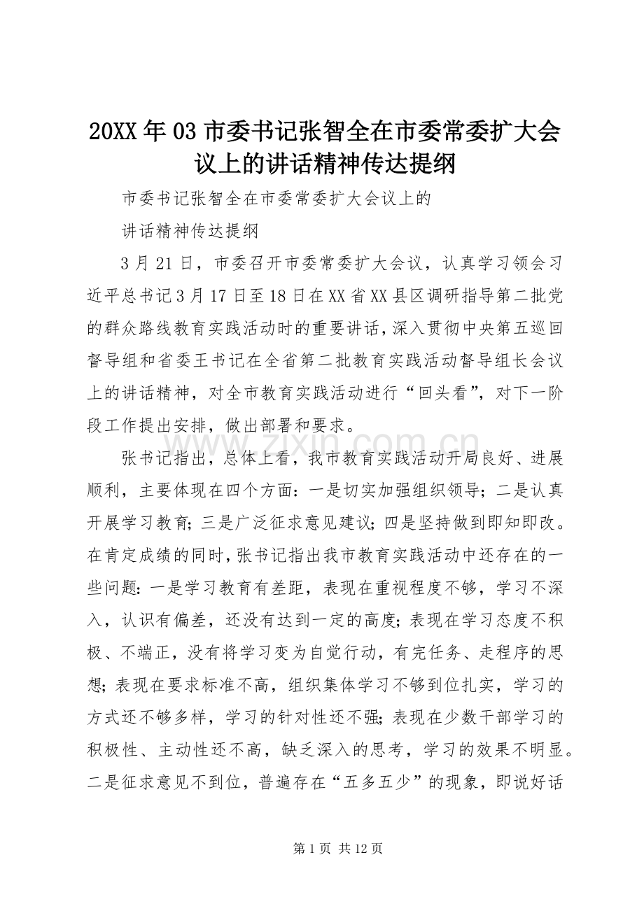 20XX年03市委书记张智全在市委常委扩大会议上的讲话精神传达提纲.docx_第1页