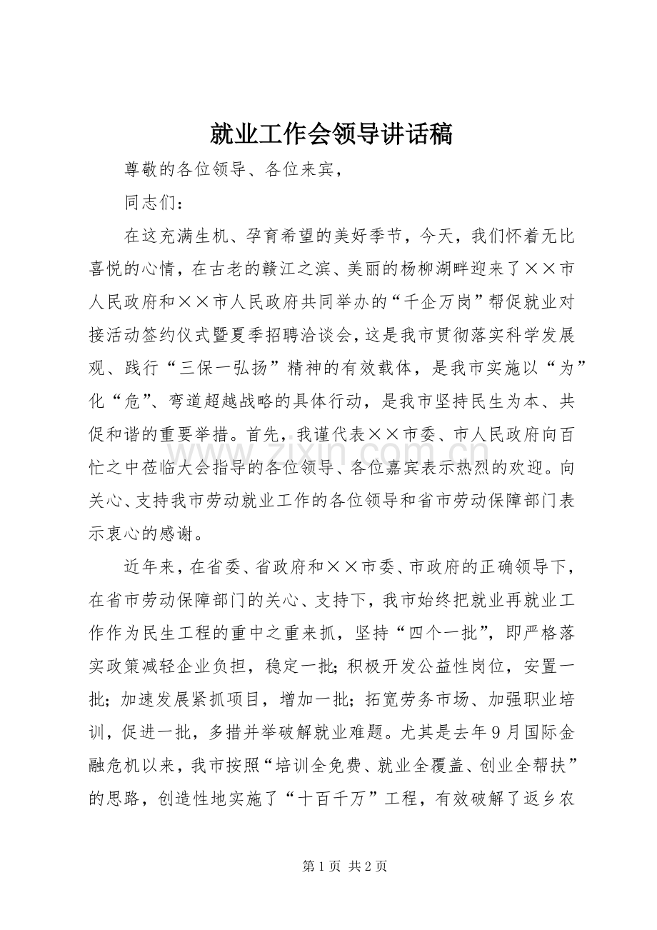 就业工作会领导的讲话发言稿.docx_第1页