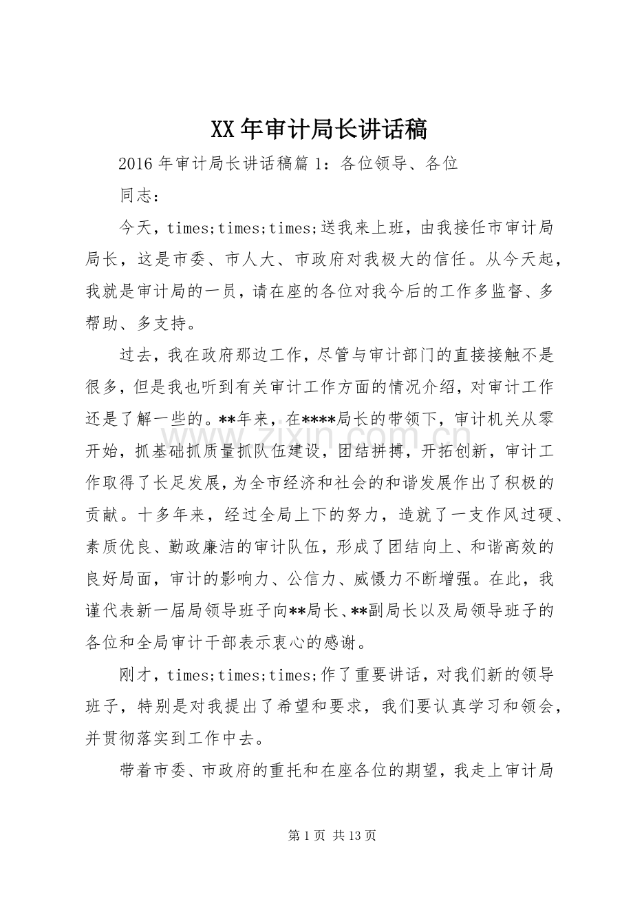 XX年审计局长讲话发言稿.docx_第1页