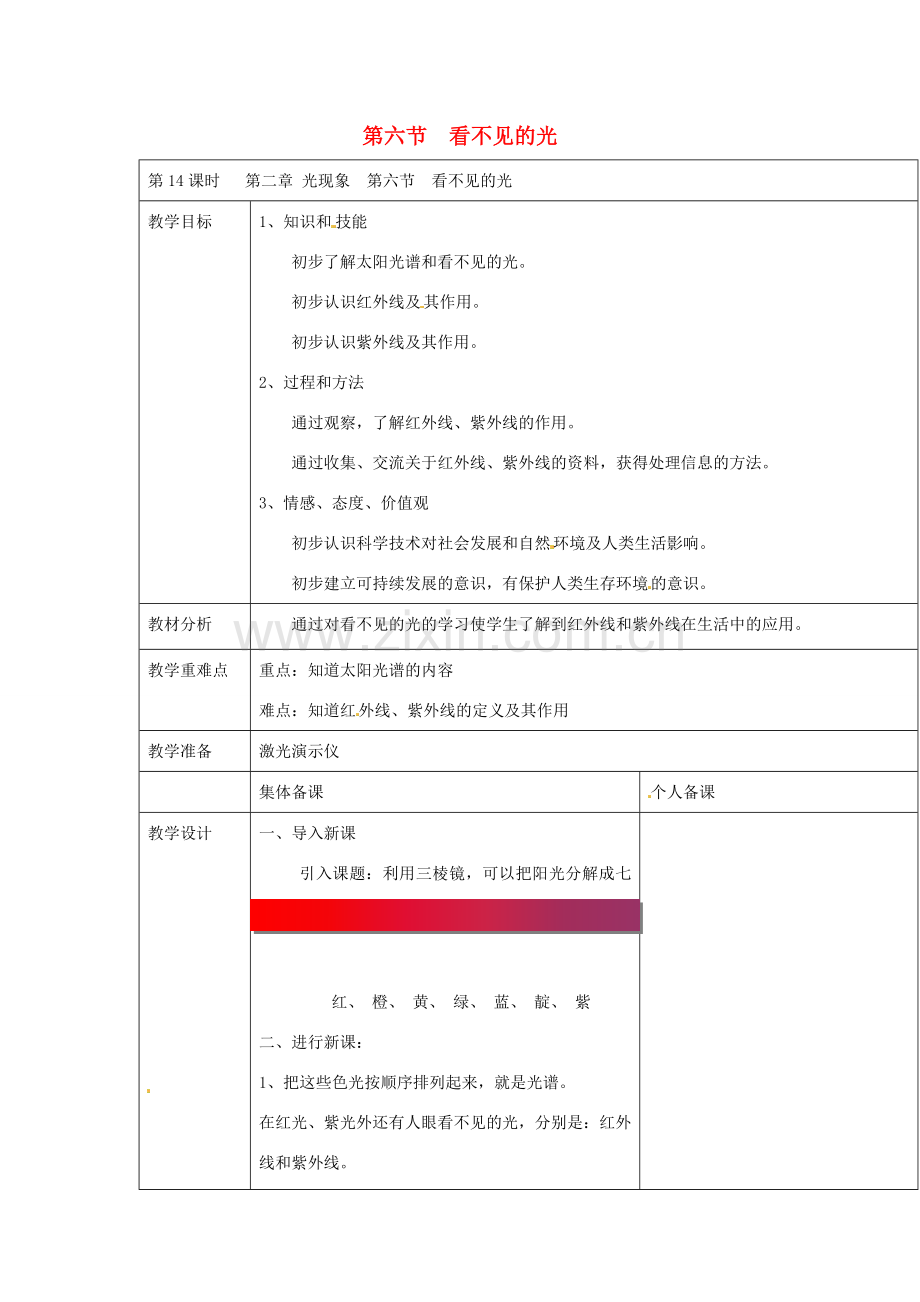 云南省大理州苗尾九年制学校八年级物理上册《2.6 看不见的光》教案 新人教版.doc_第1页