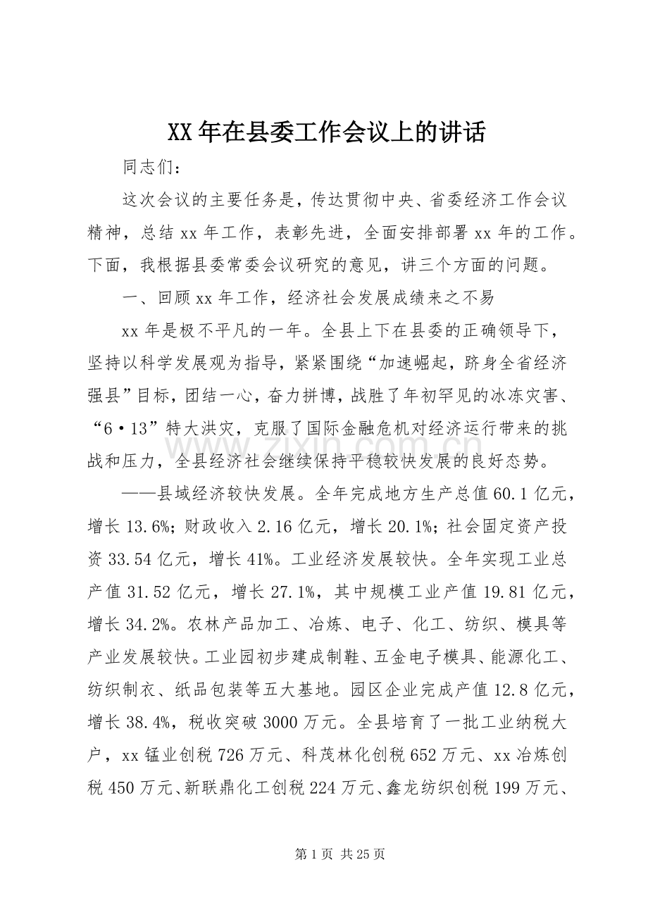 XX年在县委工作会议上的讲话发言.docx_第1页