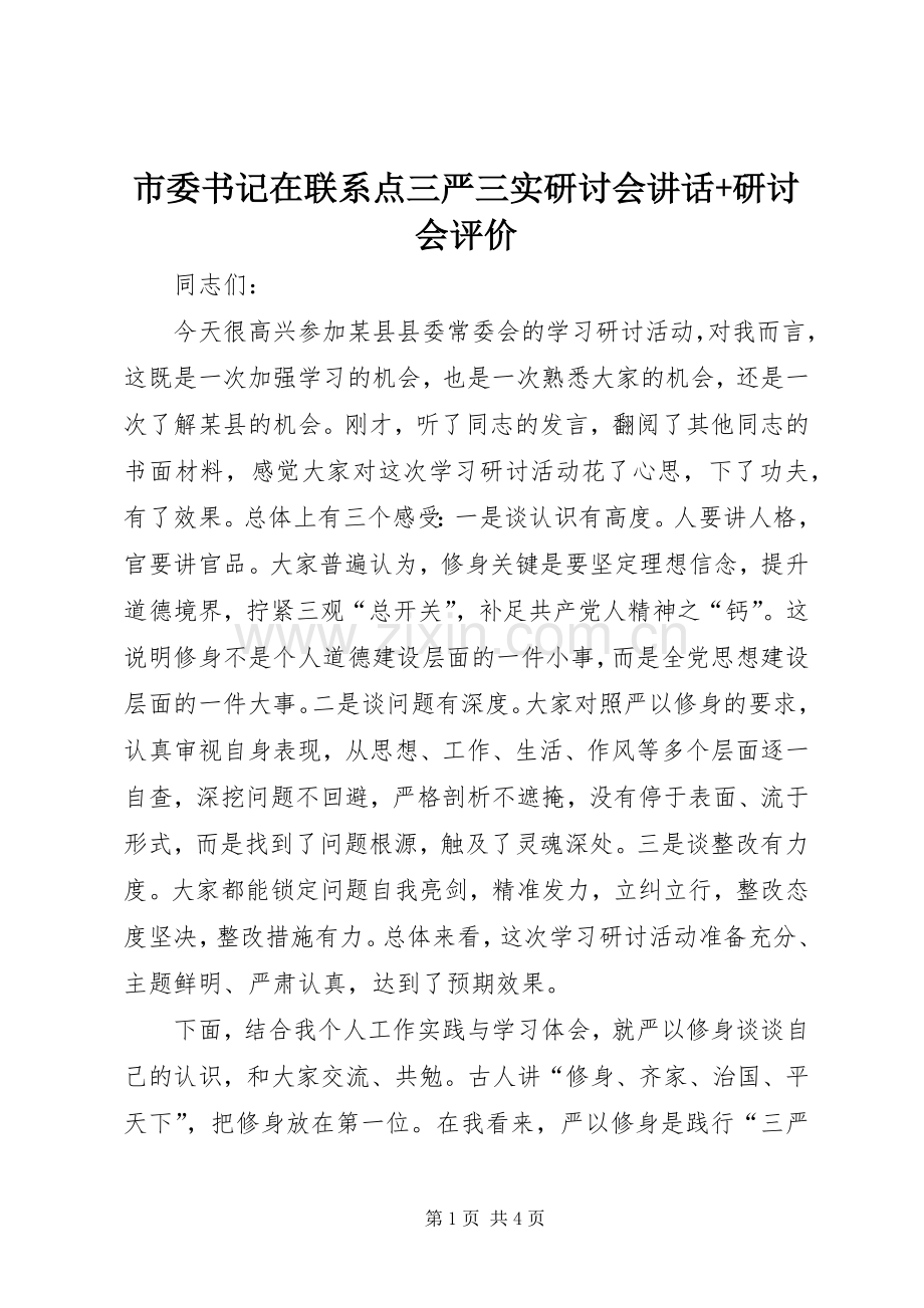 市委书记在联系点三严三实研讨会讲话发言+研讨会评价.docx_第1页