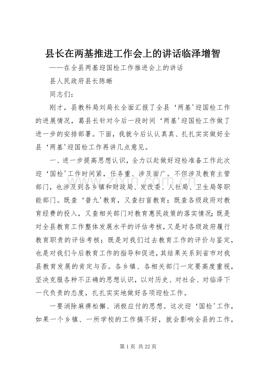 县长在两基推进工作会上的讲话发言临泽增智.docx_第1页