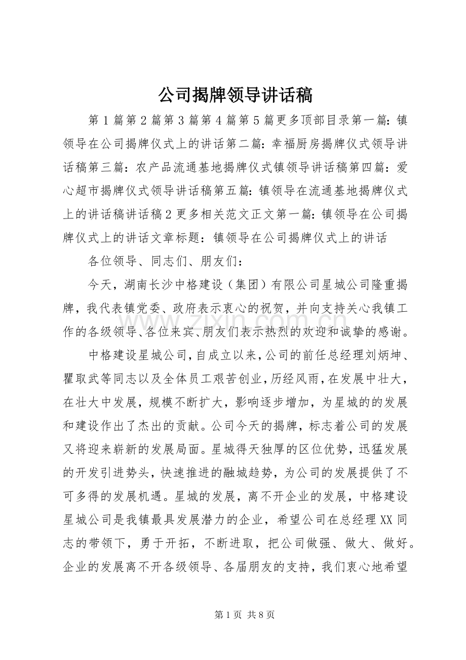 公司揭牌领导讲话发言稿.docx_第1页