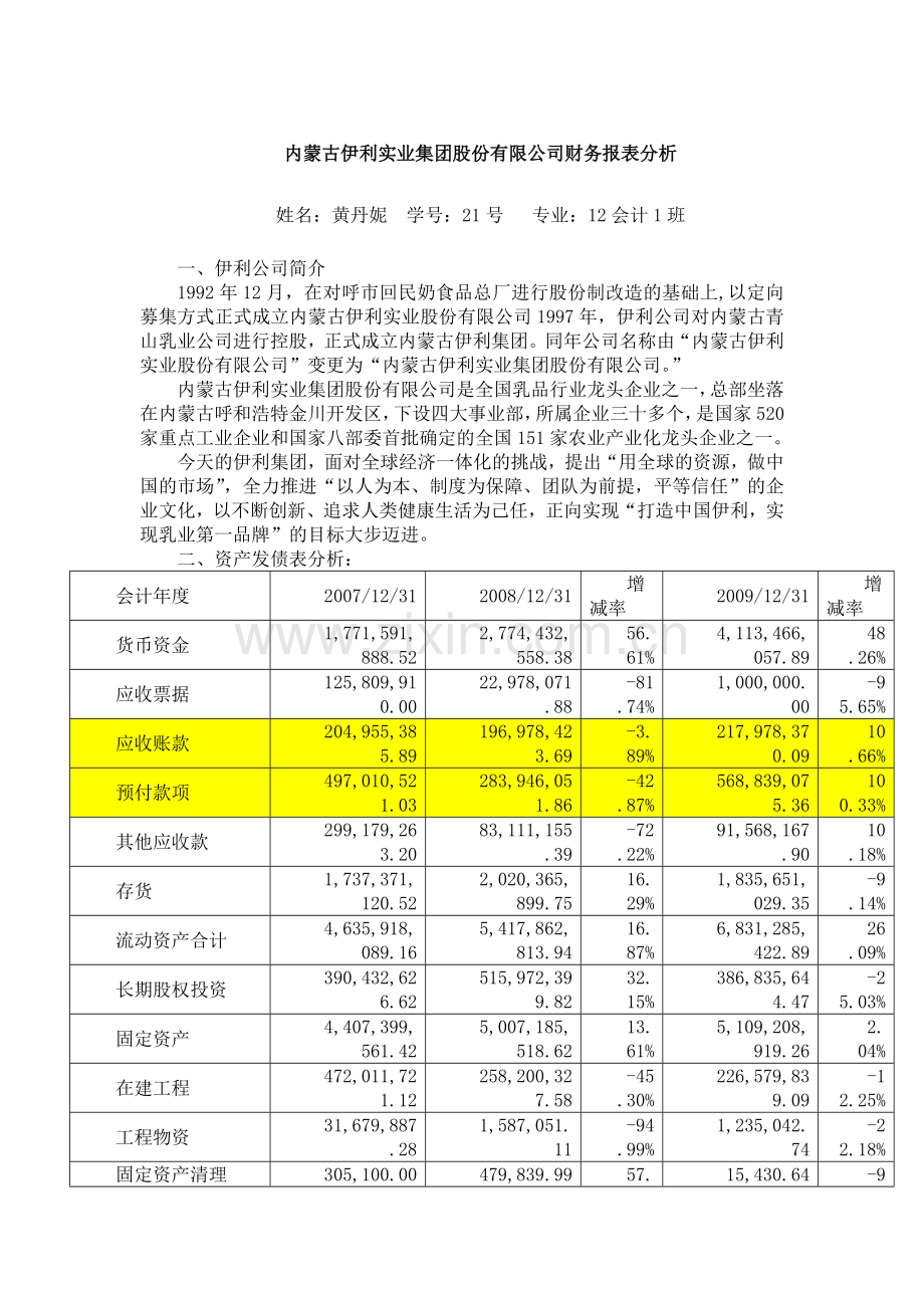 内蒙古伊利实业集团股份有限公司财务报表分析.doc_第1页