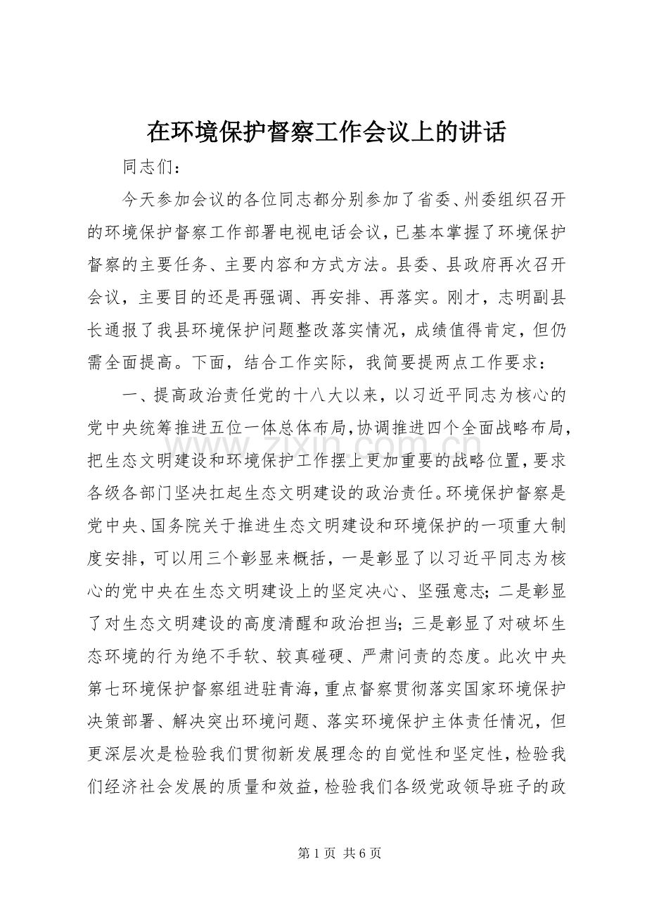 在环境保护督察工作会议上的讲话发言.docx_第1页