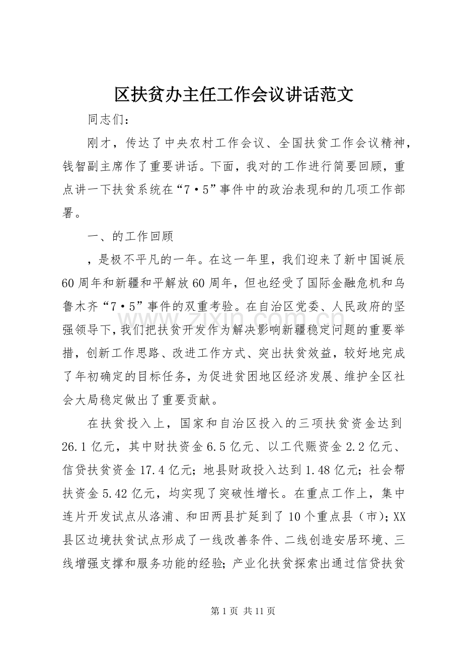 区扶贫办主任工作会议讲话发言范文.docx_第1页