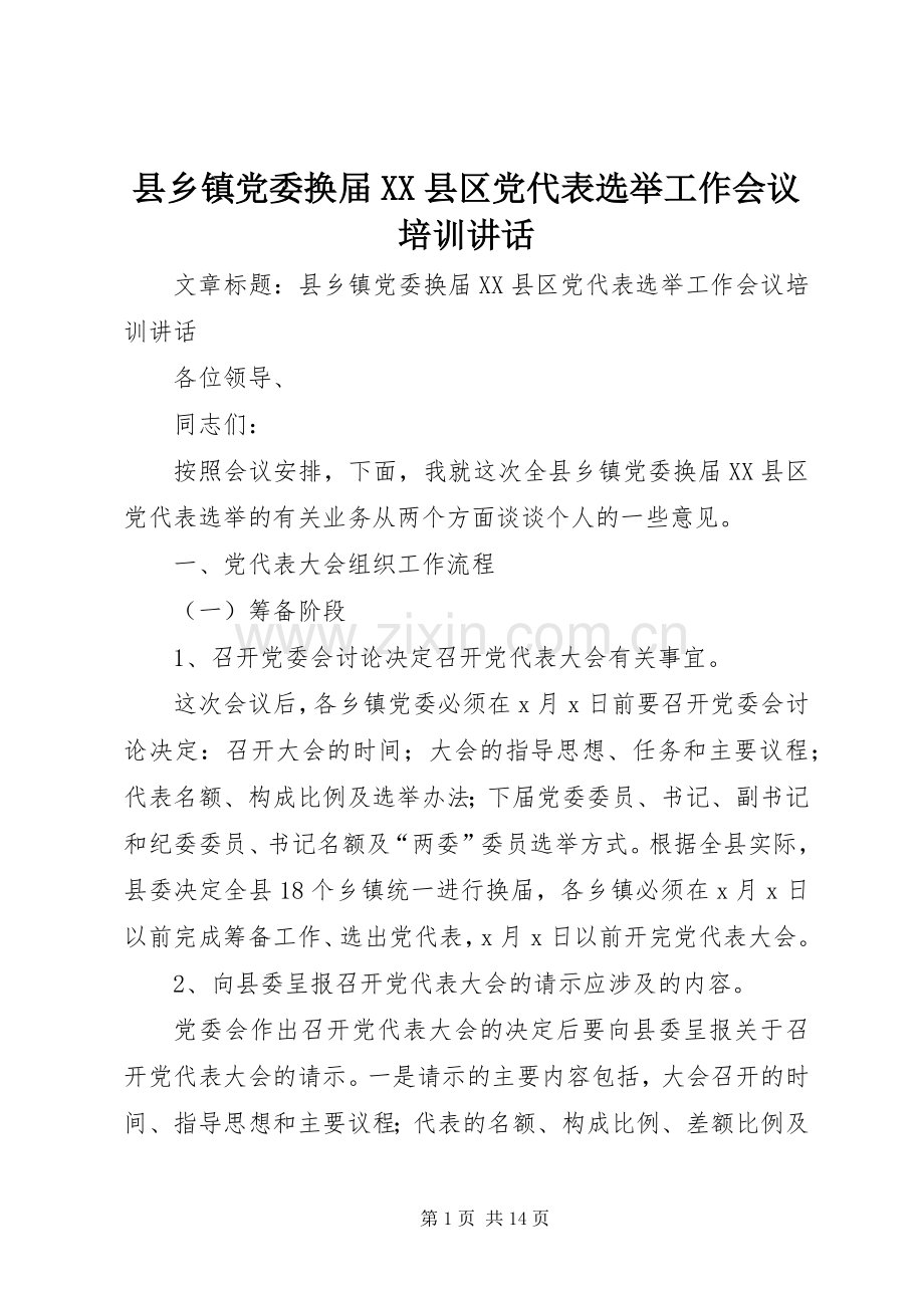 县乡镇党委换届XX县区党代表选举工作会议培训讲话发言.docx_第1页