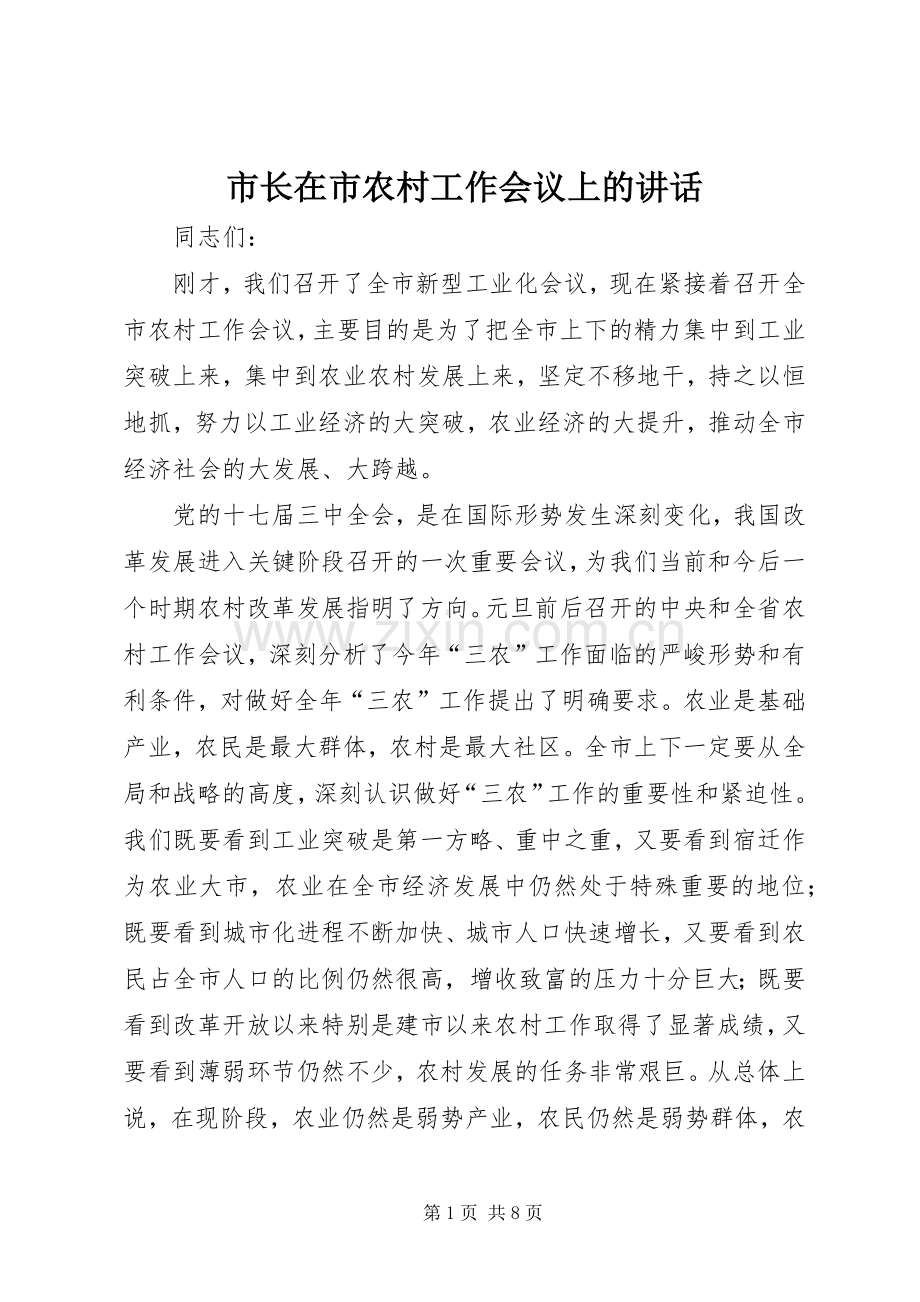 市长在市农村工作会议上的讲话发言.docx_第1页