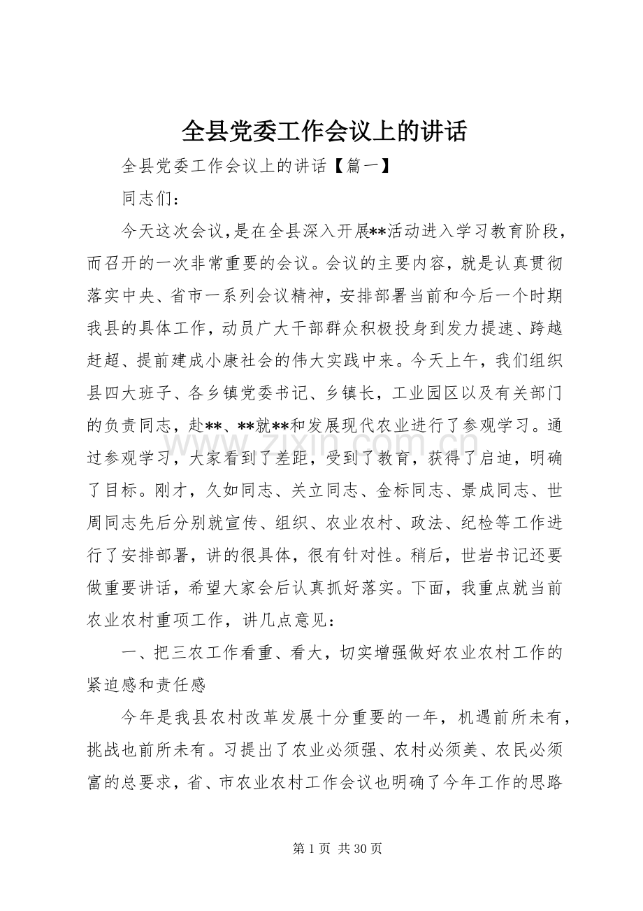 全县党委工作会议上的讲话发言.docx_第1页