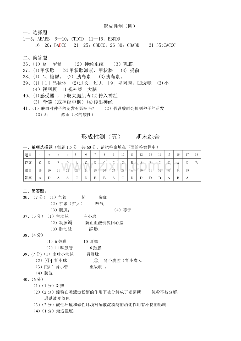 2016-2017七年级生物学下册形成性测试题答案.doc_第2页