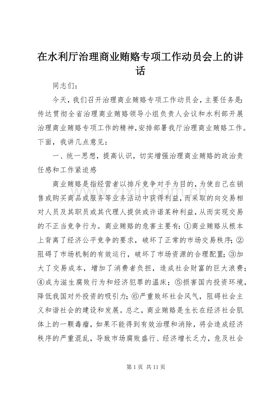 在水利厅治理商业贿赂专项工作动员会上的讲话发言.docx_第1页