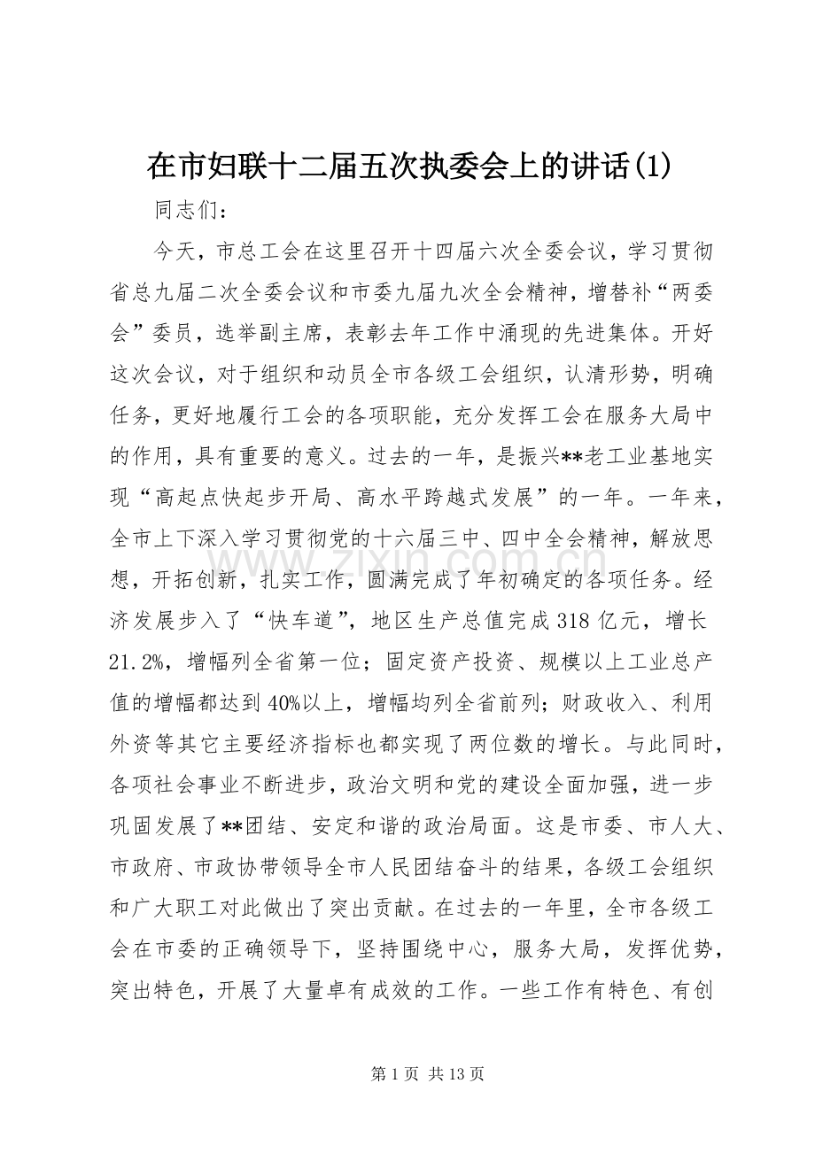 在市妇联十二届五次执委会上的讲话发言(1).docx_第1页