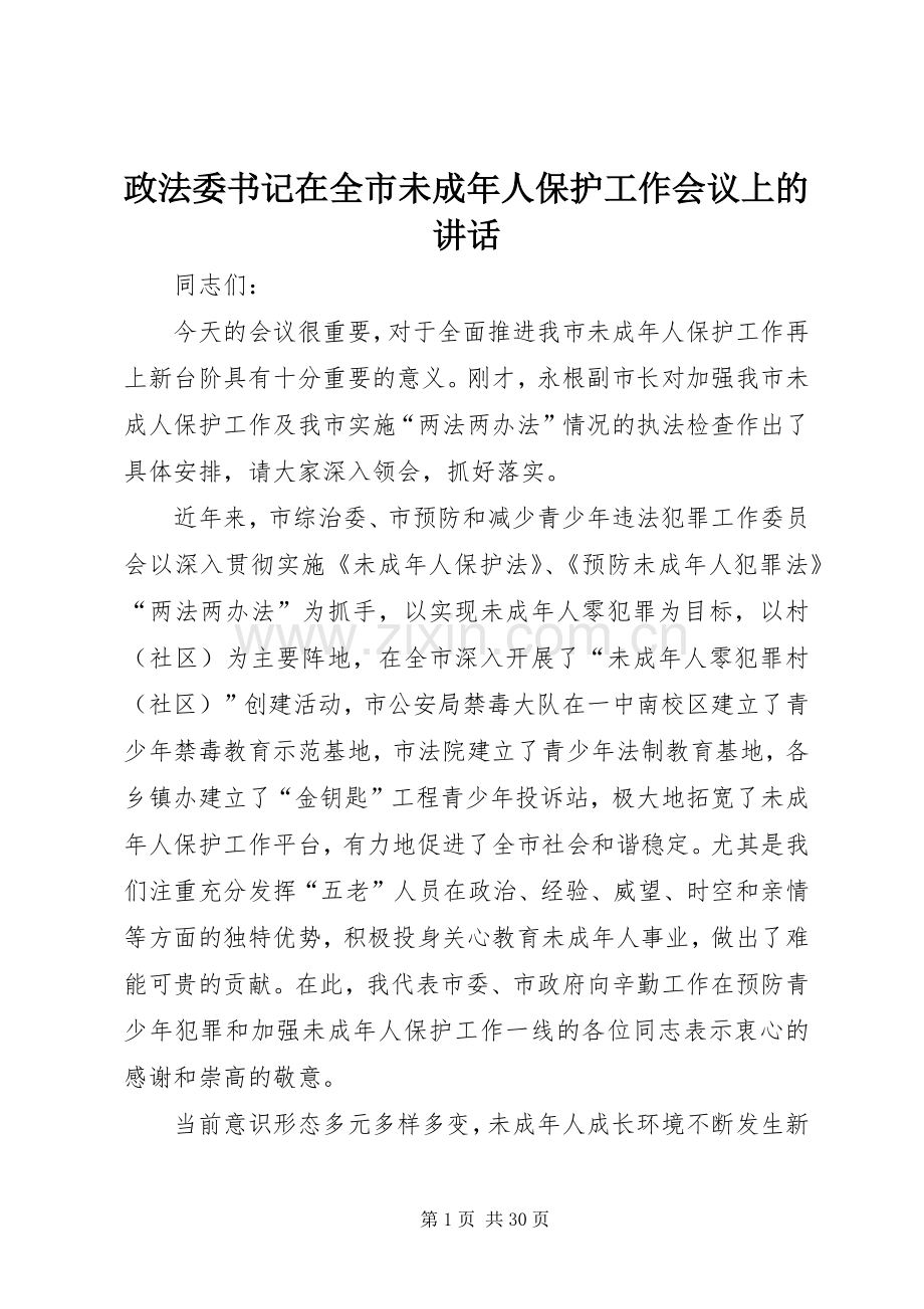 政法委书记在全市未成年人保护工作会议上的讲话发言_1.docx_第1页